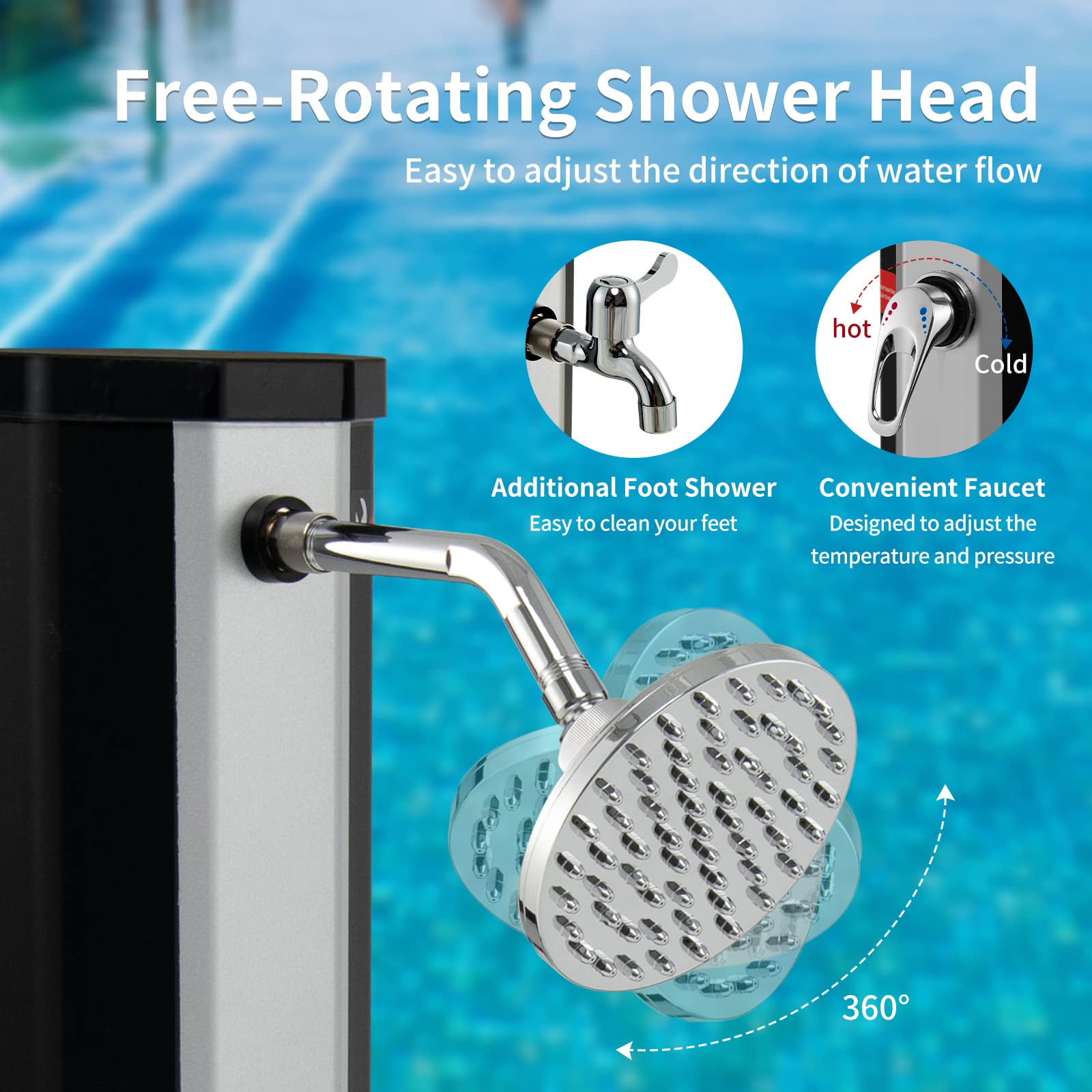 HappyGrill 7.2 FT Solar Outdoor Shower with 360° Swivel Shower Head & Foot Wash | Adjustable Temperature & Water Pressure | Easy Setup Freestanding Shower for Garden, Yard, Poolside, Beach & Camping | Perfect for Post-Swim Rinse, Pet Bathing & Outdoor Cleaning