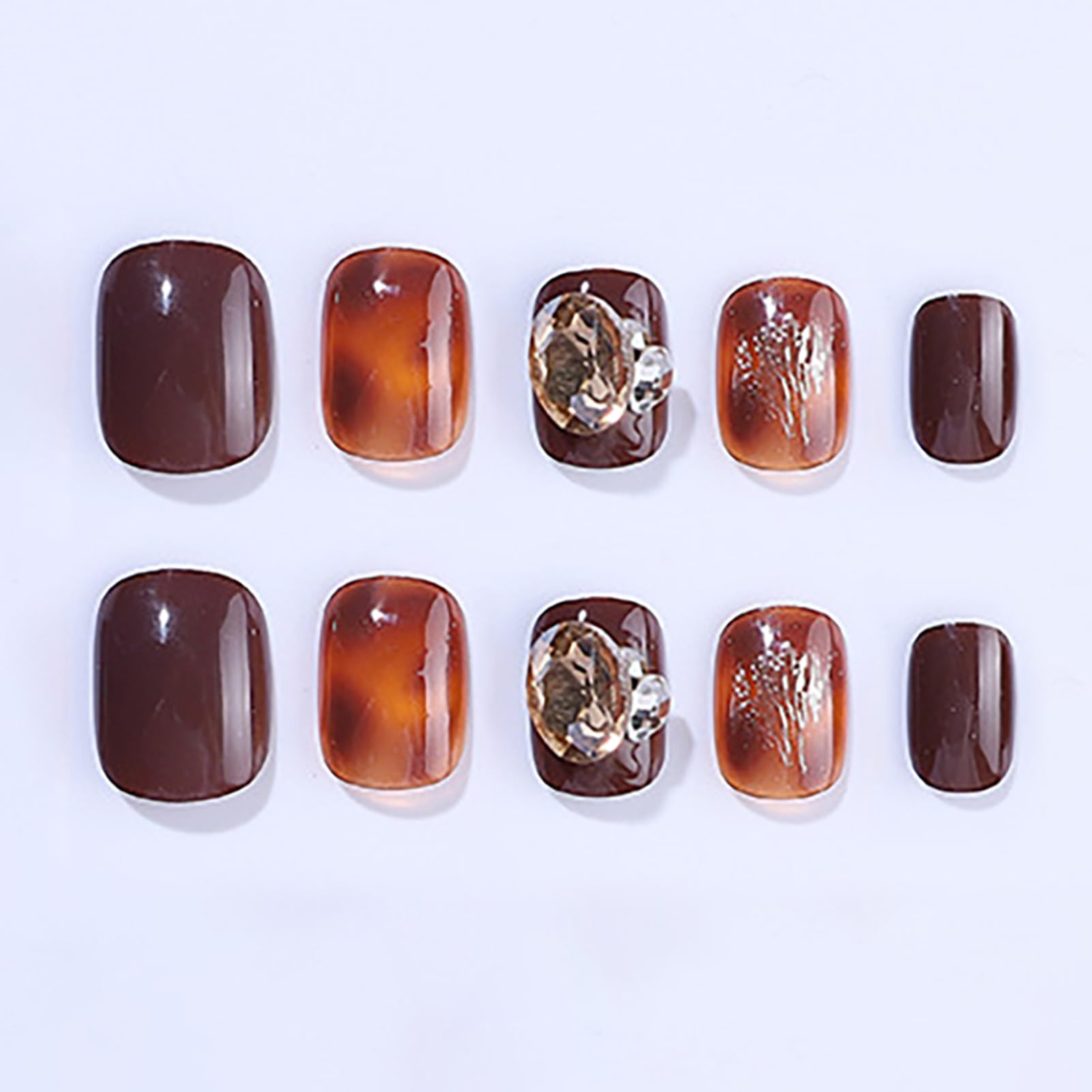 Artquee 24 Pcs Short Press on Nails - Brown Square Fake Nails with Caramel Gem Designs, Reusable Artificial False Nails Kit for Women | Full Cover Stick on Nails for Daily Wear, Parties & Special Occasions