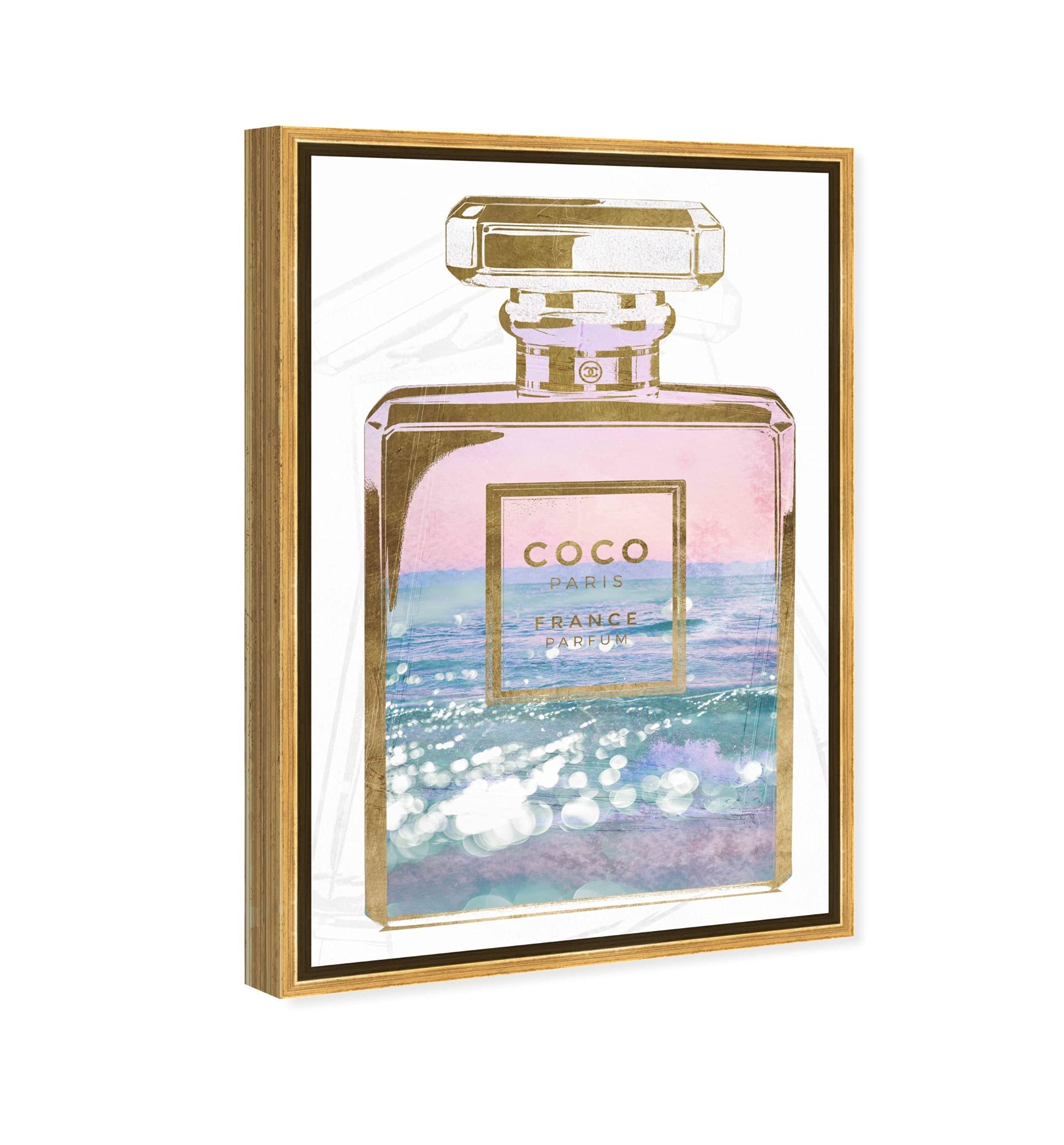 Oliver Gal Fashion & Glam Wall Art - Blush Ocean Spray Perfume Framed Canvas Print, 24x36 Inch Gold Floater Frame, Elegant Home Decor for Living Room, Bedroom & Office