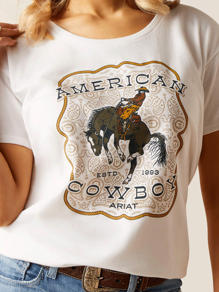 Ariat Women's American Cowboy T-Shirt - Classic White Western Tee for Rodeo, Country Music Festivals & Casual Wear