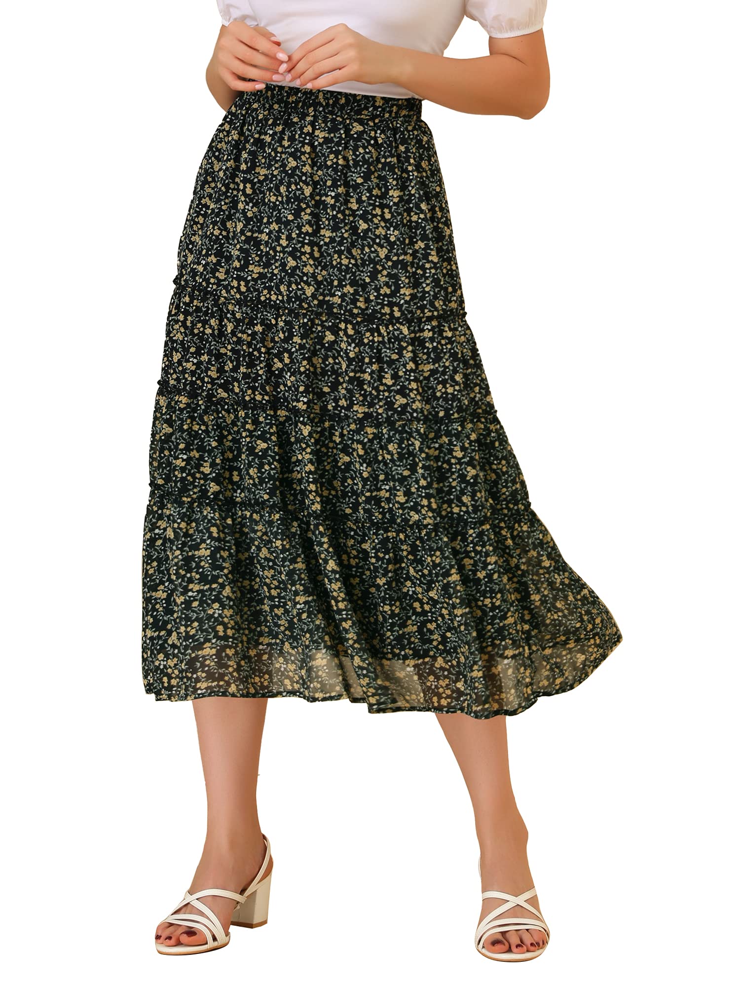 Allegra K Women's Floral Print Long Boho Skirt with Elastic Waist & Tiered Ruffle Design - Perfect for Summer Outfits, Beach Vacations, and Casual Boho Chic Style