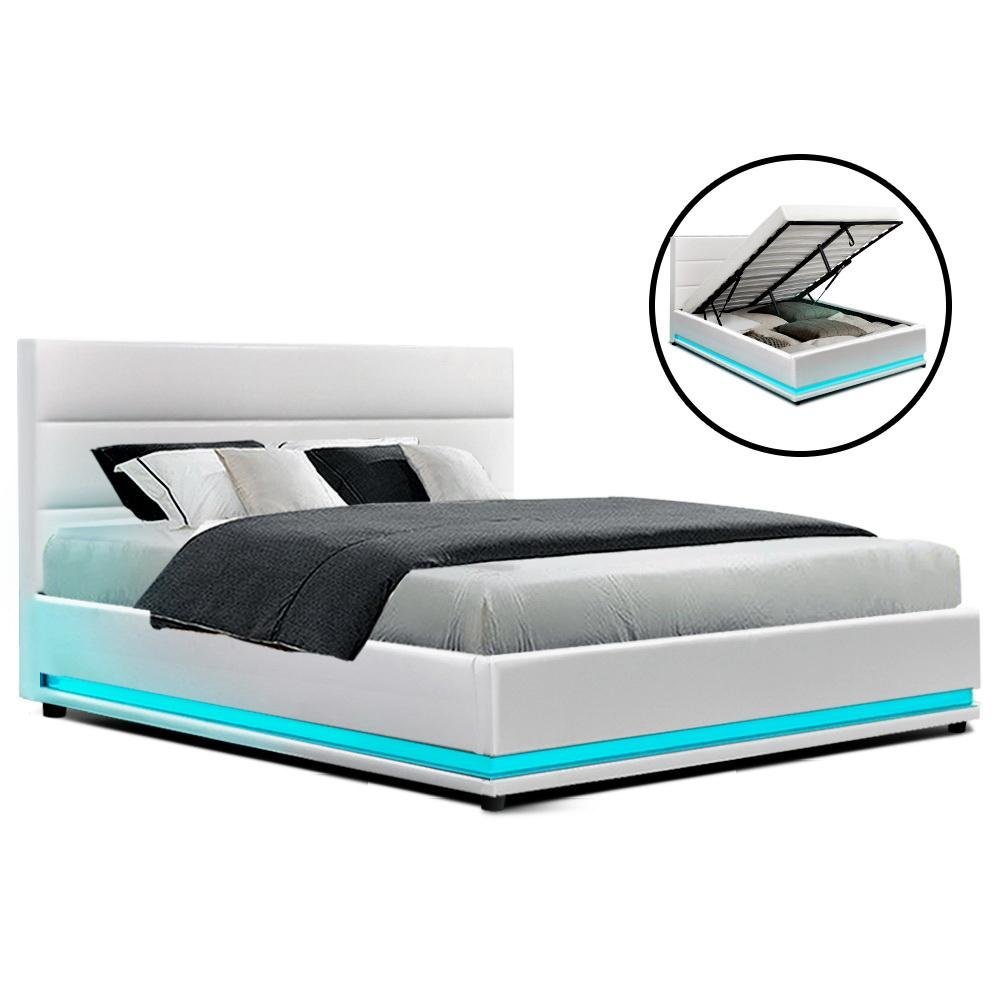 Premium Double Bed Set - Henley LED White Bed Frame with Algarve Euro Top Medium Firm Mattress & Pillowtop Topper | Perfect for Master Bedroom, Guest Room & Modern Home Decor