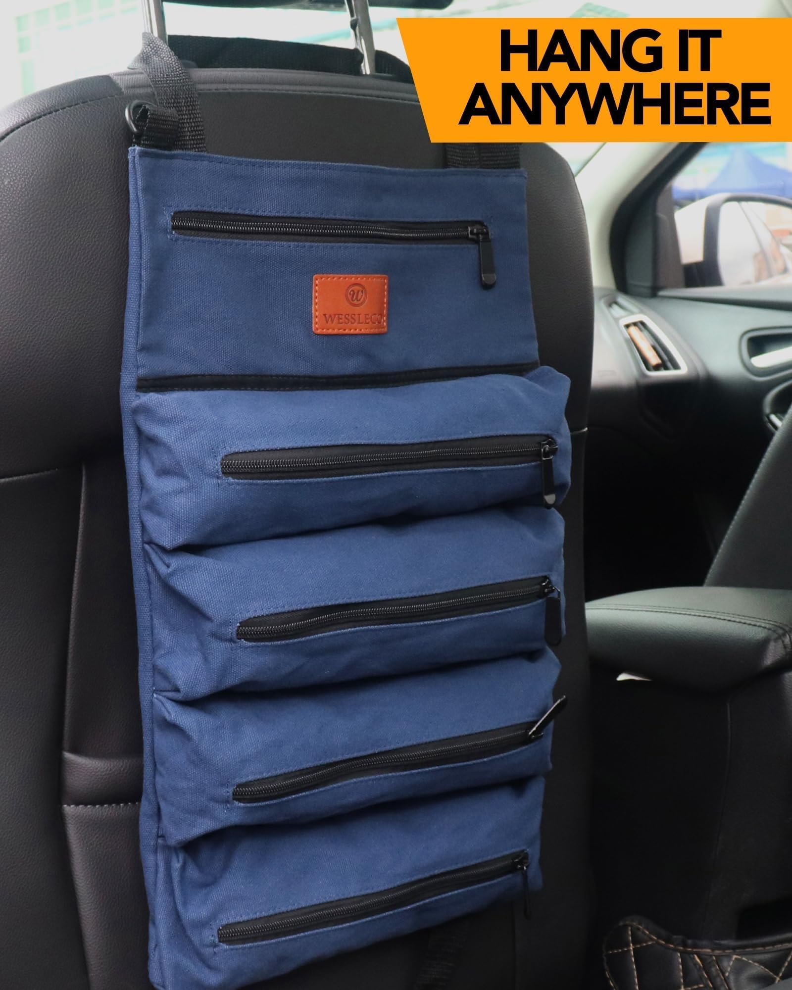 Heavy-Duty 16OZ Canvas Roll Up Tool Bag with 5 Zippered Pockets - Multi-Purpose Wrench Roll Organizer for Mechanics, Electricians & DIY Enthusiasts (Blue) - Perfect for Workshop, Garage & On-the-Go Tool Storage