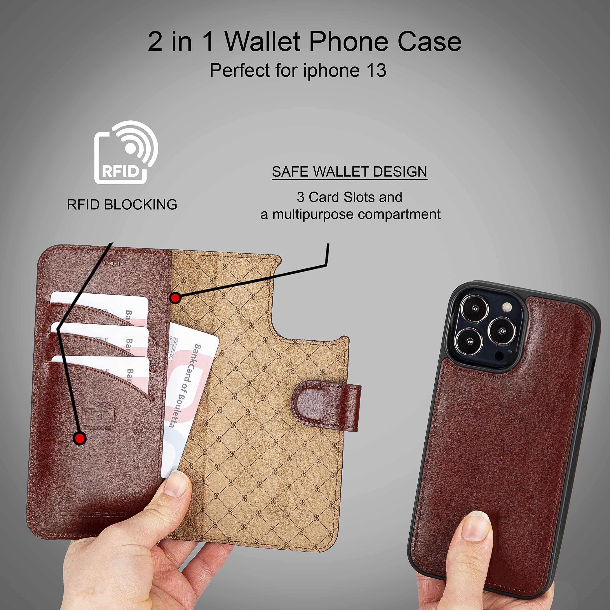 BOULETTA Genuine Leather iPhone 13 Pro Max Wallet Case (6.7 inch) - Magsafe Compatible, Magnetic Detachable Folio with RFID Protection & Kickstand - Dark Chocolate - Perfect for Work, Travel & Everyday Use