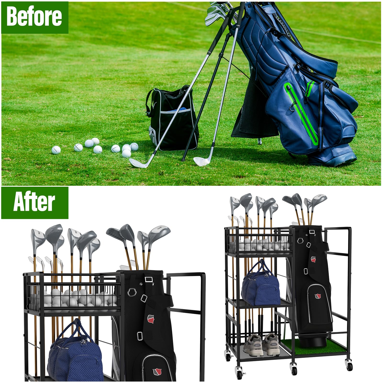 Premium Golf Bag Organizer - Heavy Duty Metal Golf Club Holder with Side Storage Pockets | Freestanding Golf Stand for Clubs & Accessories | Perfect for Home, Garage & Golf Course Organization