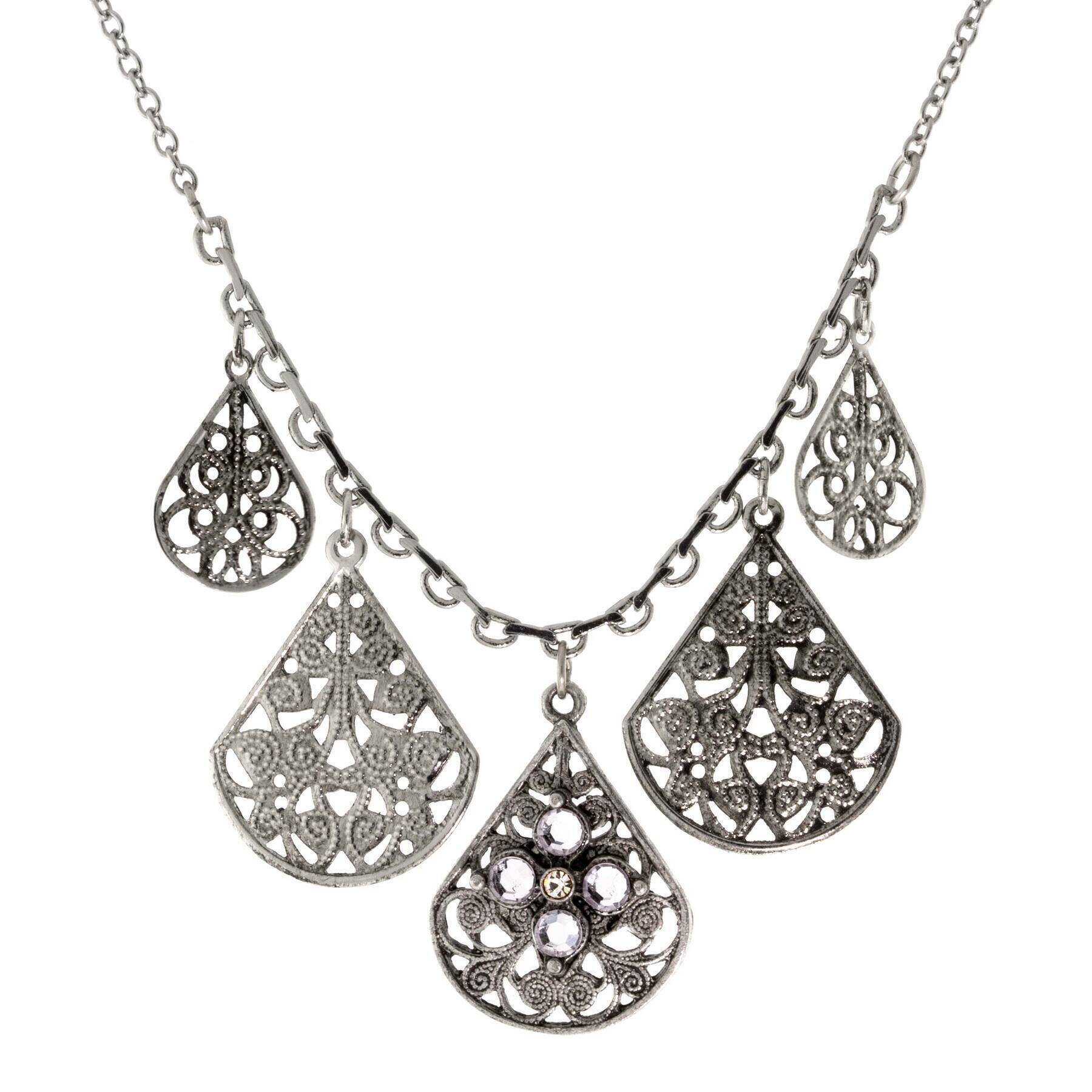 1928 Jewelry Pewter Round Crystal Flower Multi Teardrop Necklace - 16