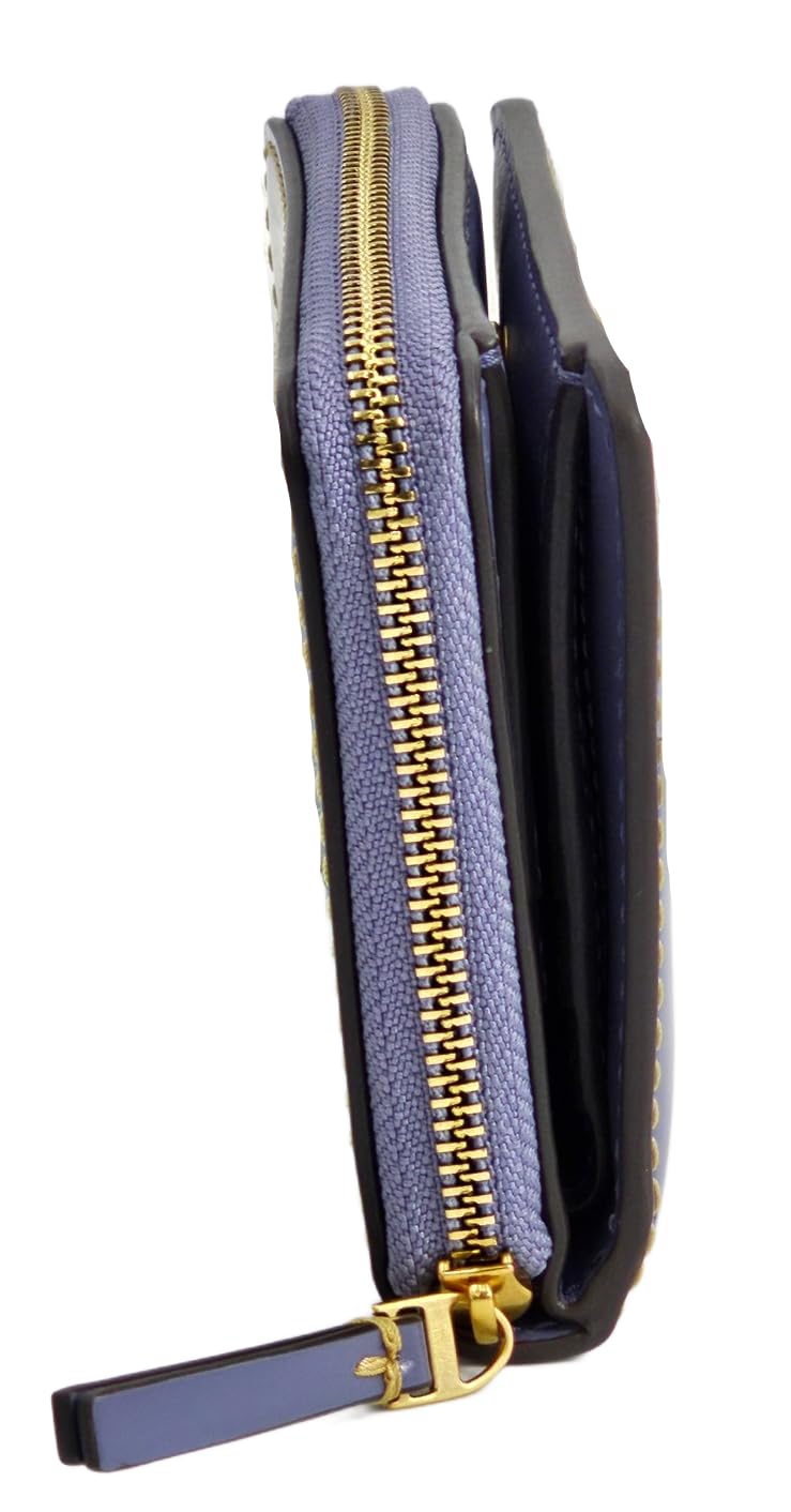 Tory Burch Britten Blue & Gold Leather Women's Bifold Wallet - Slim RFID Blocking Credit Card Holder for Everyday Use & Travel