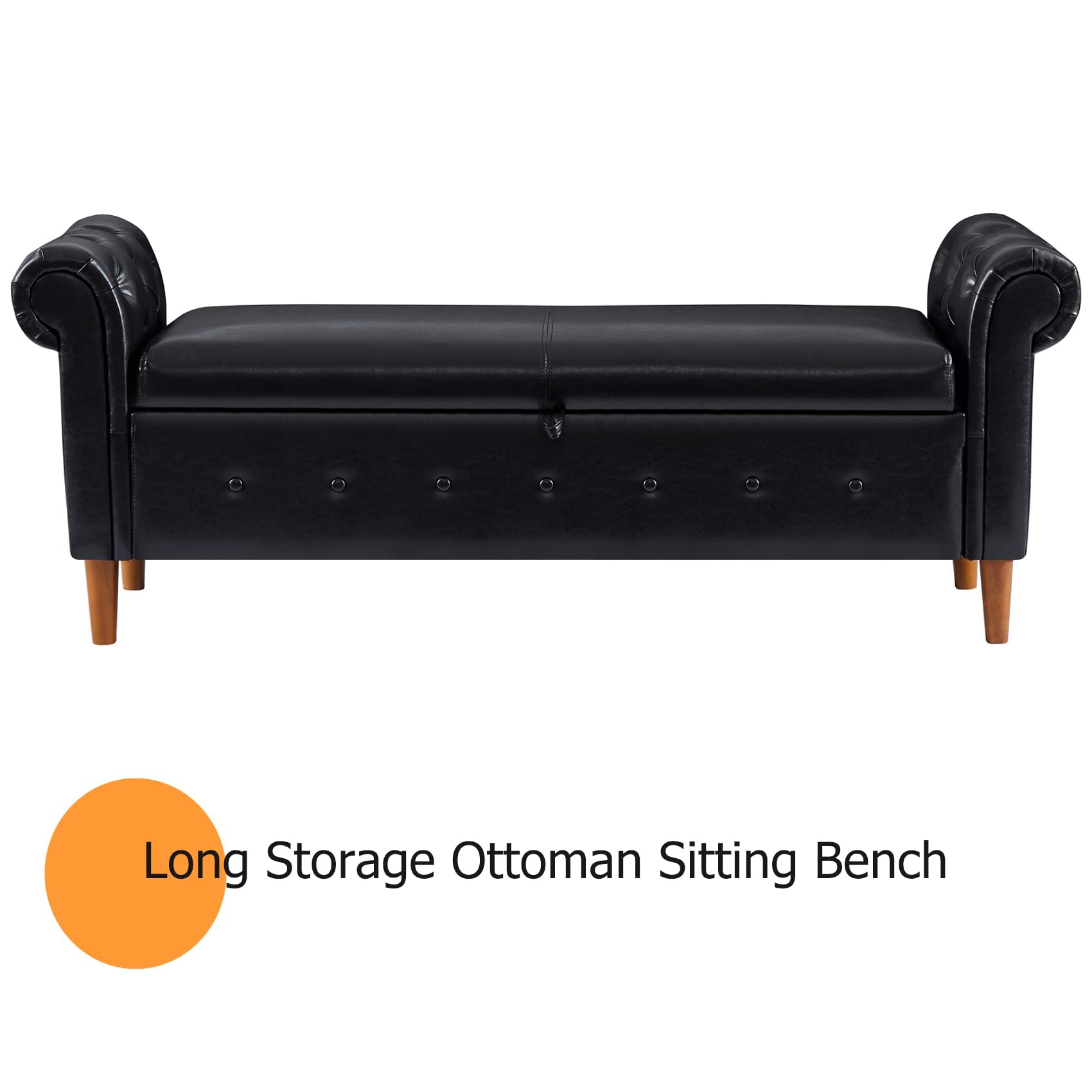 Aoowow Black PU Leather Storage Bench with Rolled Arms - Ottoman Seat for Bedroom, End of Bed, Window Sitting, Fireplace, Toy Storage | Durable & Stylish Home Decor