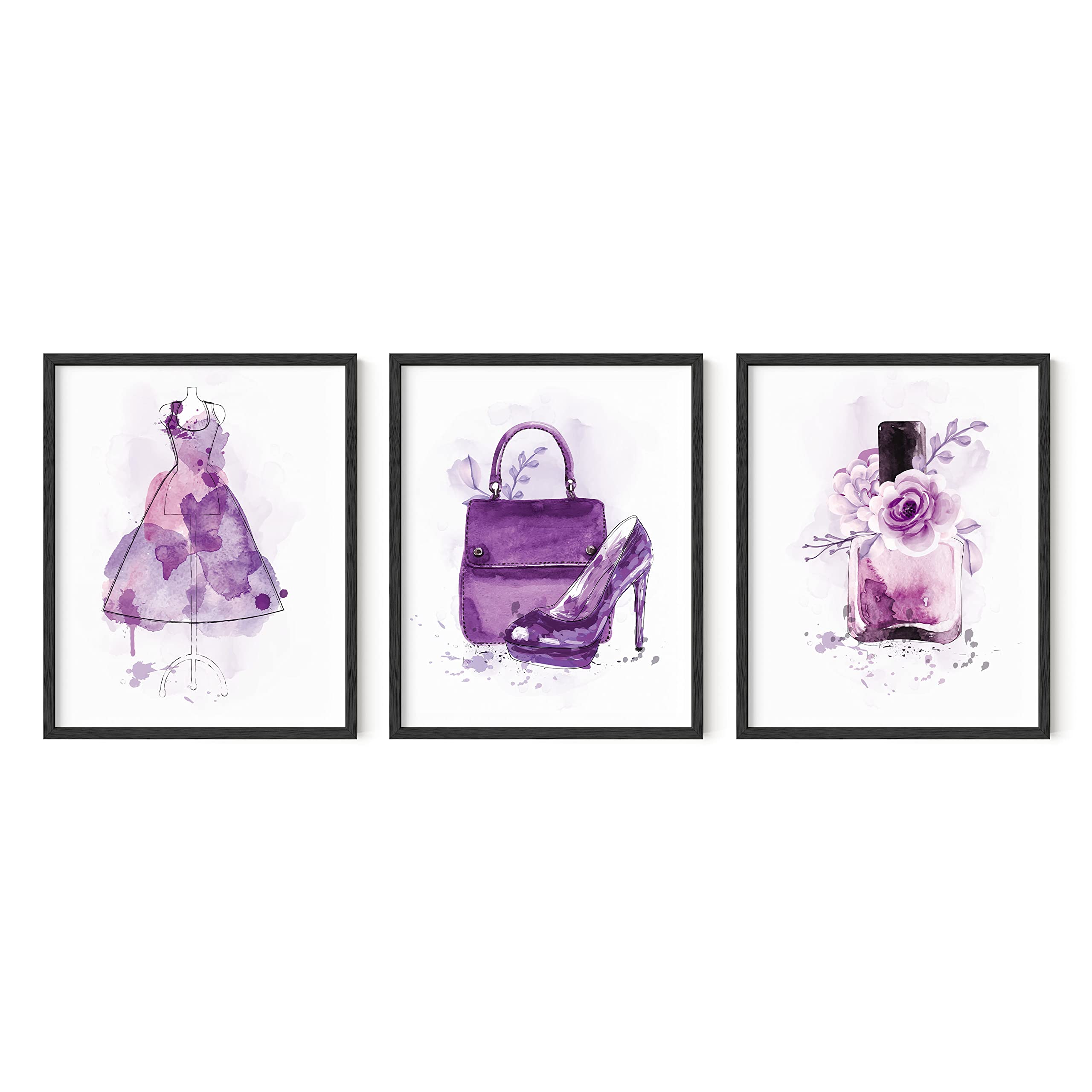 HAUS AND HUES Fashion Wall Art Set of 3 - Purple Wall Decor for Bedroom, Designer Wall Art, Glam Wall Posters with Black Frame (16x20) - Perfect for Home Decor, Living Room, Office & Gift Giving