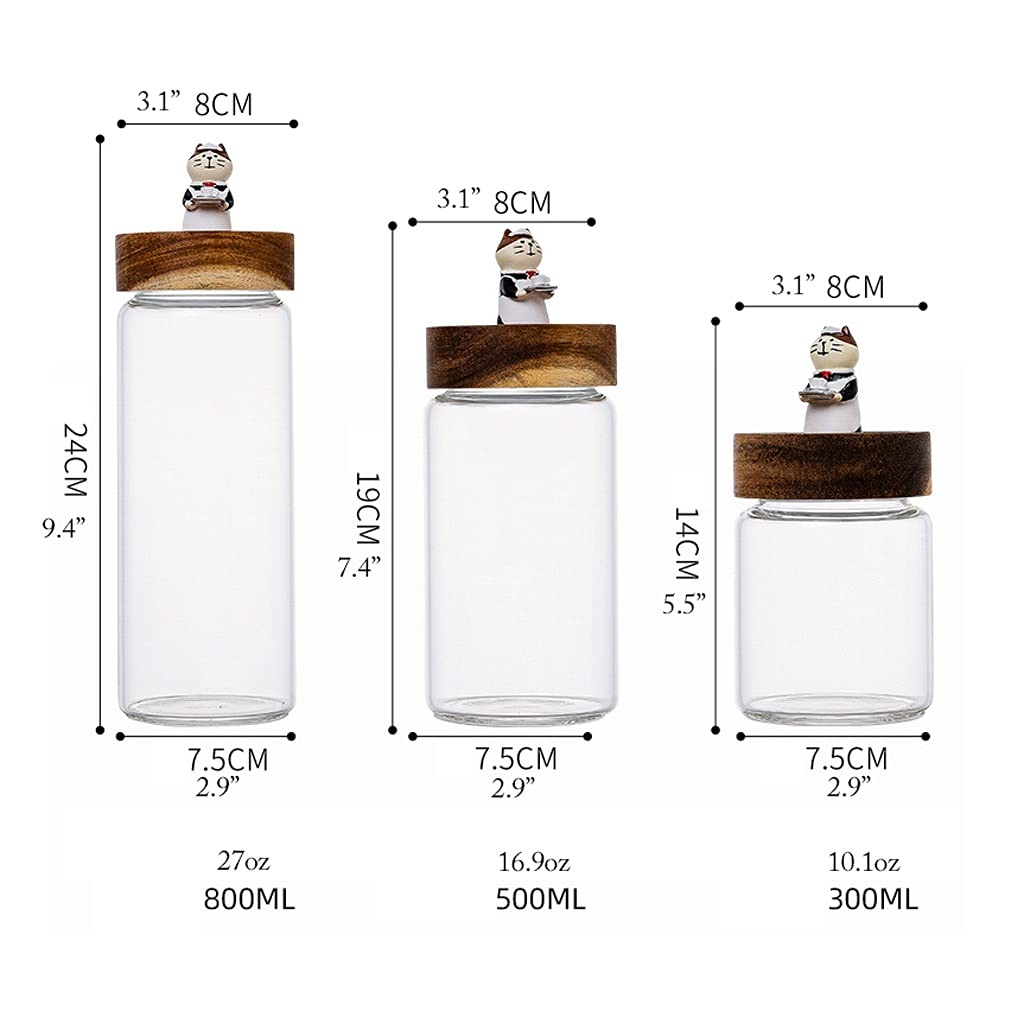 Airtight Food Storage Containers Set - 3-Piece Cute Resin Cat Design Glass Jars with Wooden Lids for Coffee, Sugar, Flour & Dry Goods | Kitchen Pantry Organization & Countertop Decor