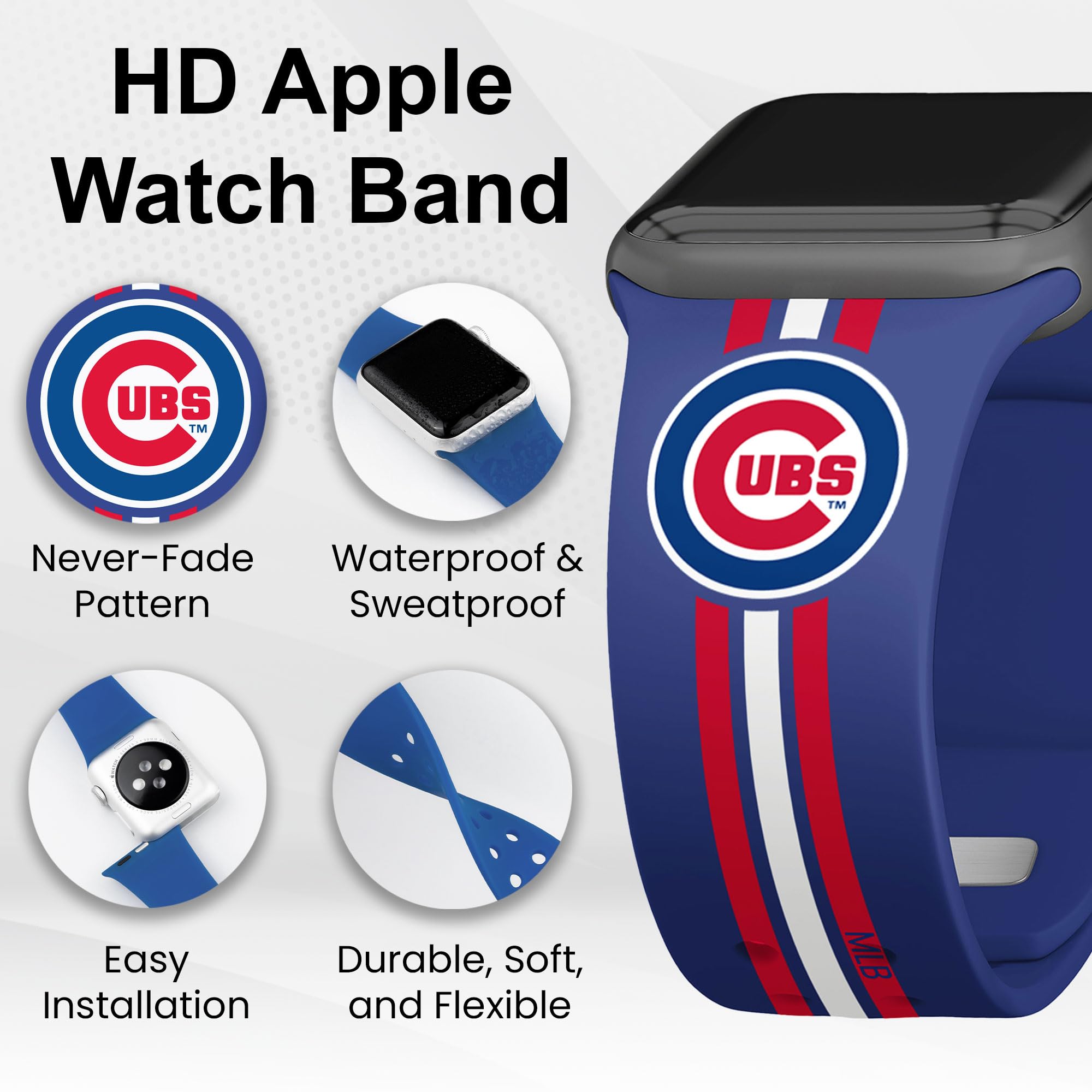 Chicago Cubs HD Watch Band for Apple Watch - Durable Silicone Strap, Compatible with All Apple Watch Series (38mm/40mm/41mm/42mm/44mm/45mm/49mm) - Perfect for Baseball Fans, Game Day & Casual Wear