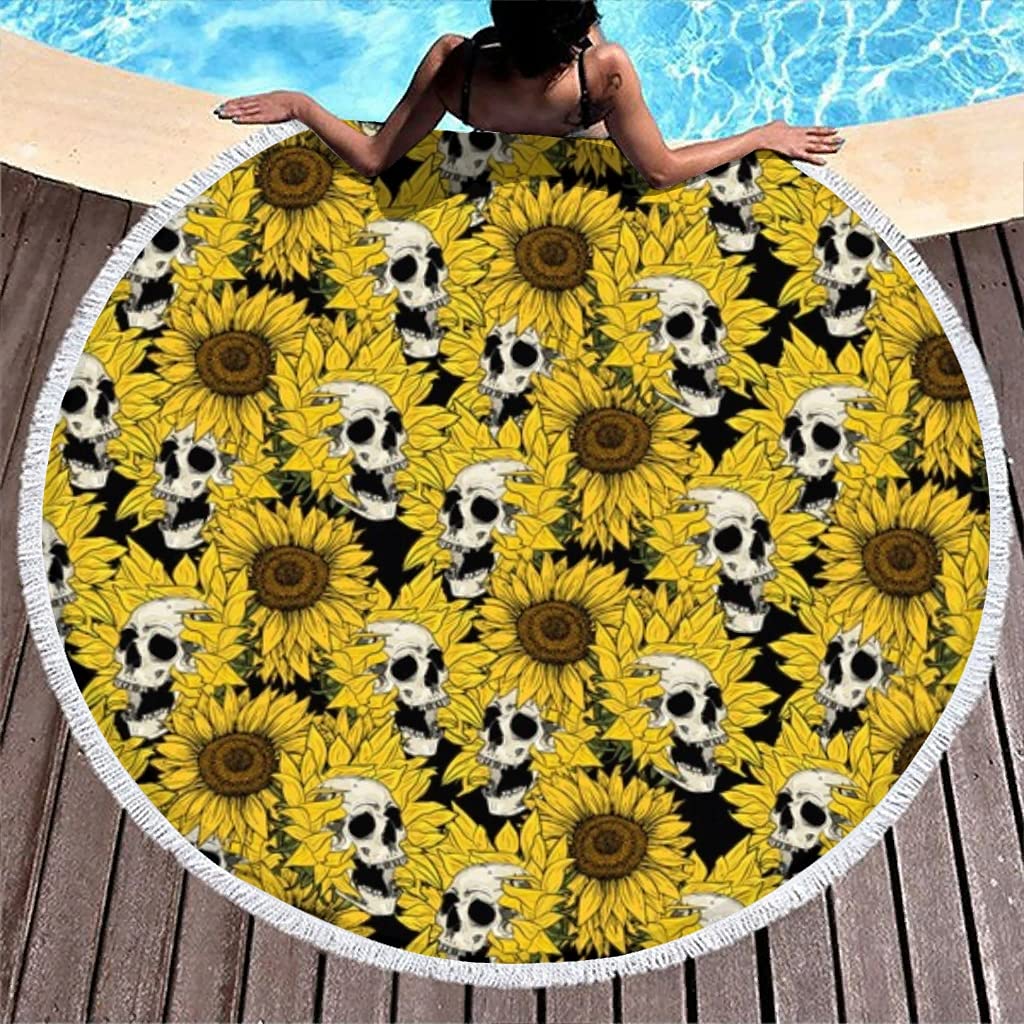 Premium Round Beach Towel - Oversized 59 Inch Quick Dry, Skeleton & Sunflower Design, Luxury Natural Material for Beach, Pool, Picnic, and Outdoor Activities