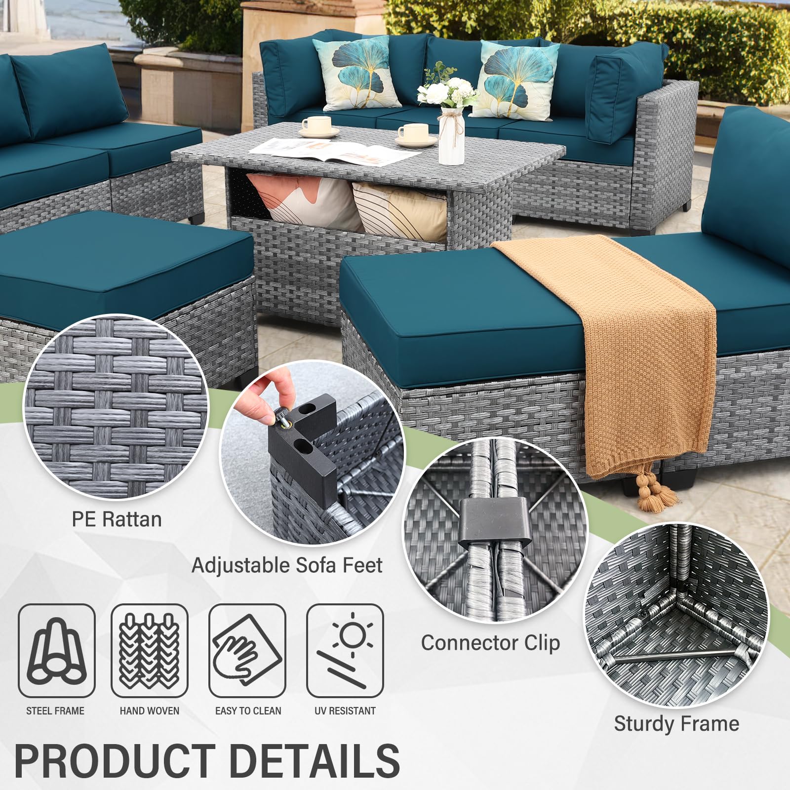 Premium 9-Piece Gray Rattan Outdoor Patio Sectional Set with PE Wicker, Storage Table & Peacock Blue Cushions - Includes Free Furniture Cover - Perfect for Backyard, Poolside & Garden Relaxation