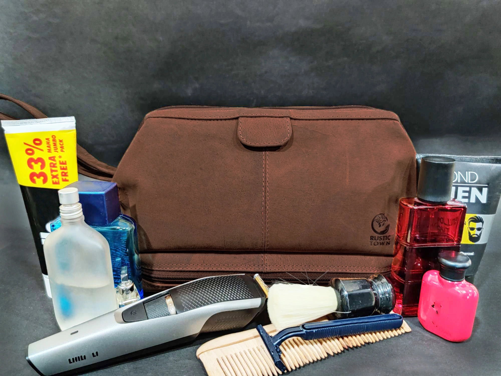 Premium Genuine Leather Travel Cosmetic Bag for Women - Waterproof Makeup Organizer with Zipper - Perfect for Vacation, Gym & Daily Essentials Storage