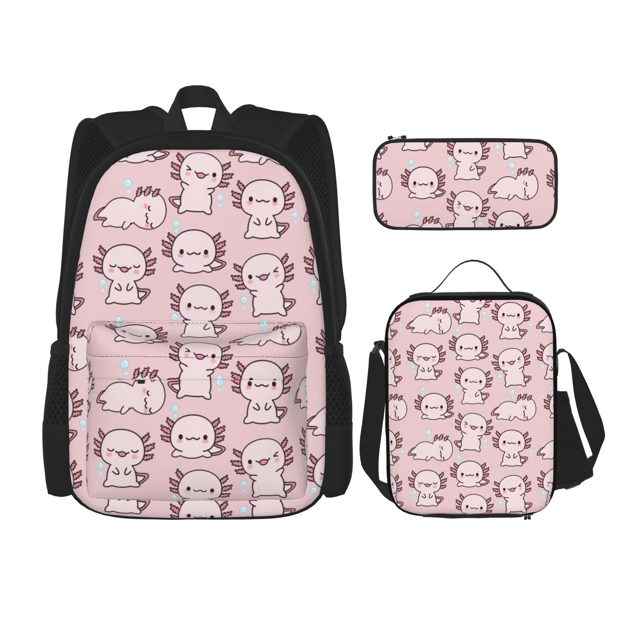 3D Axolotl Backpack Set - Lightweight Casual Daypack with Lunch Box & Pencil Case for School, Travel, and Outdoor Activities | Perfect for Kids, Teens, Boys and Girls