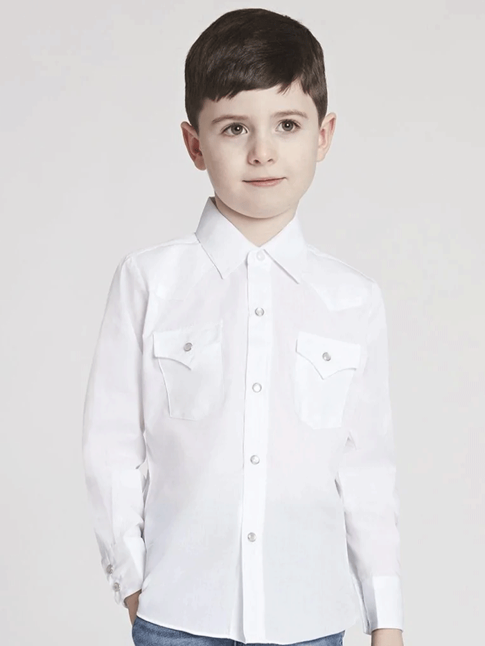 Ely Cattleman Kids Long Sleeve Solid Western Shirt - White | Classic Cowboy Style Shirt for Boys & Girls | Perfect for Rodeo, Ranch, and Western-Themed Events
