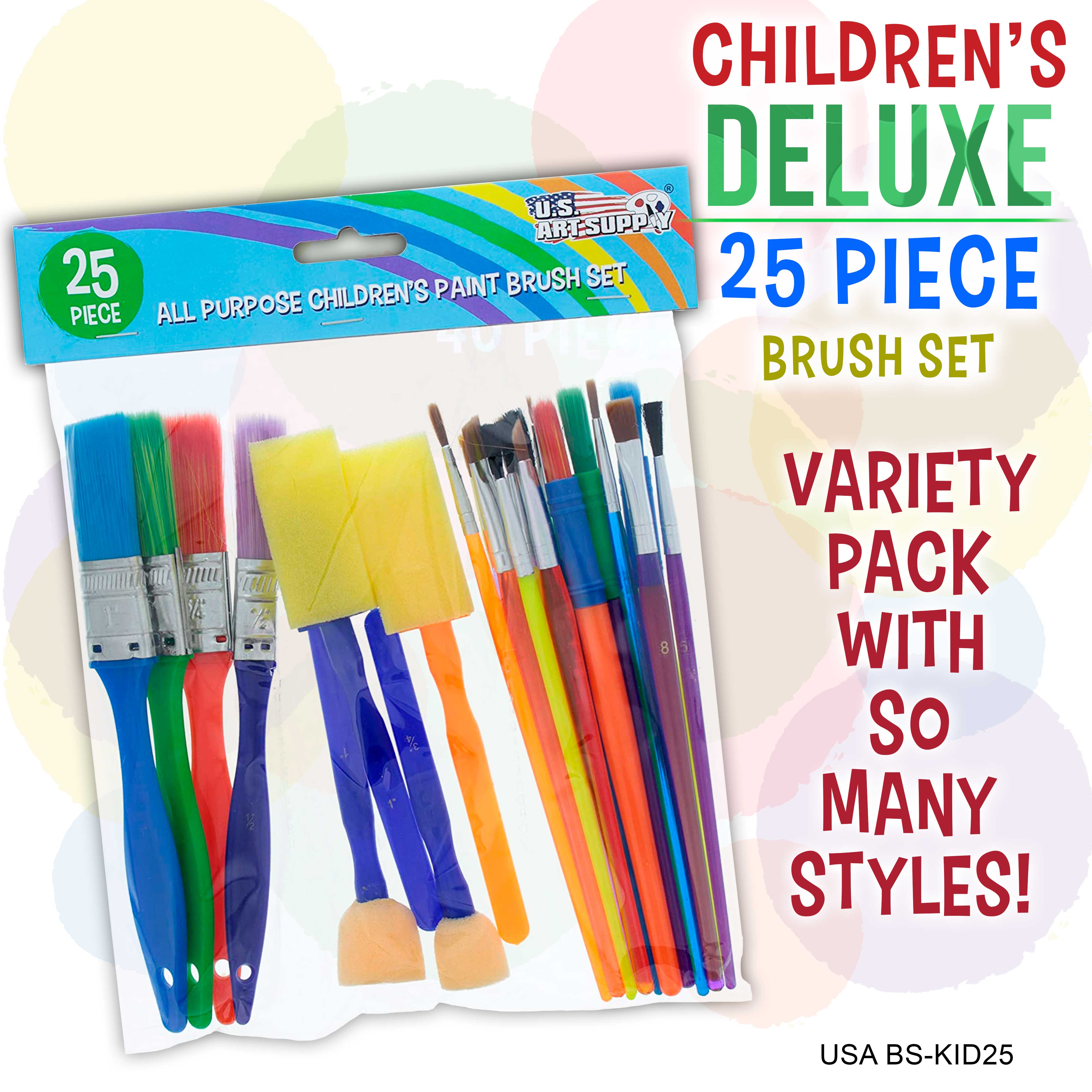 U.S. Art Supply 25-Piece Kids Paint Brush Set - 6 Types (Flat, Round, Chip, Mop, Foam Tip) for Children's Art Projects, School Painting & Party Activities | Perfect for Beginners, Students & DIY Crafts