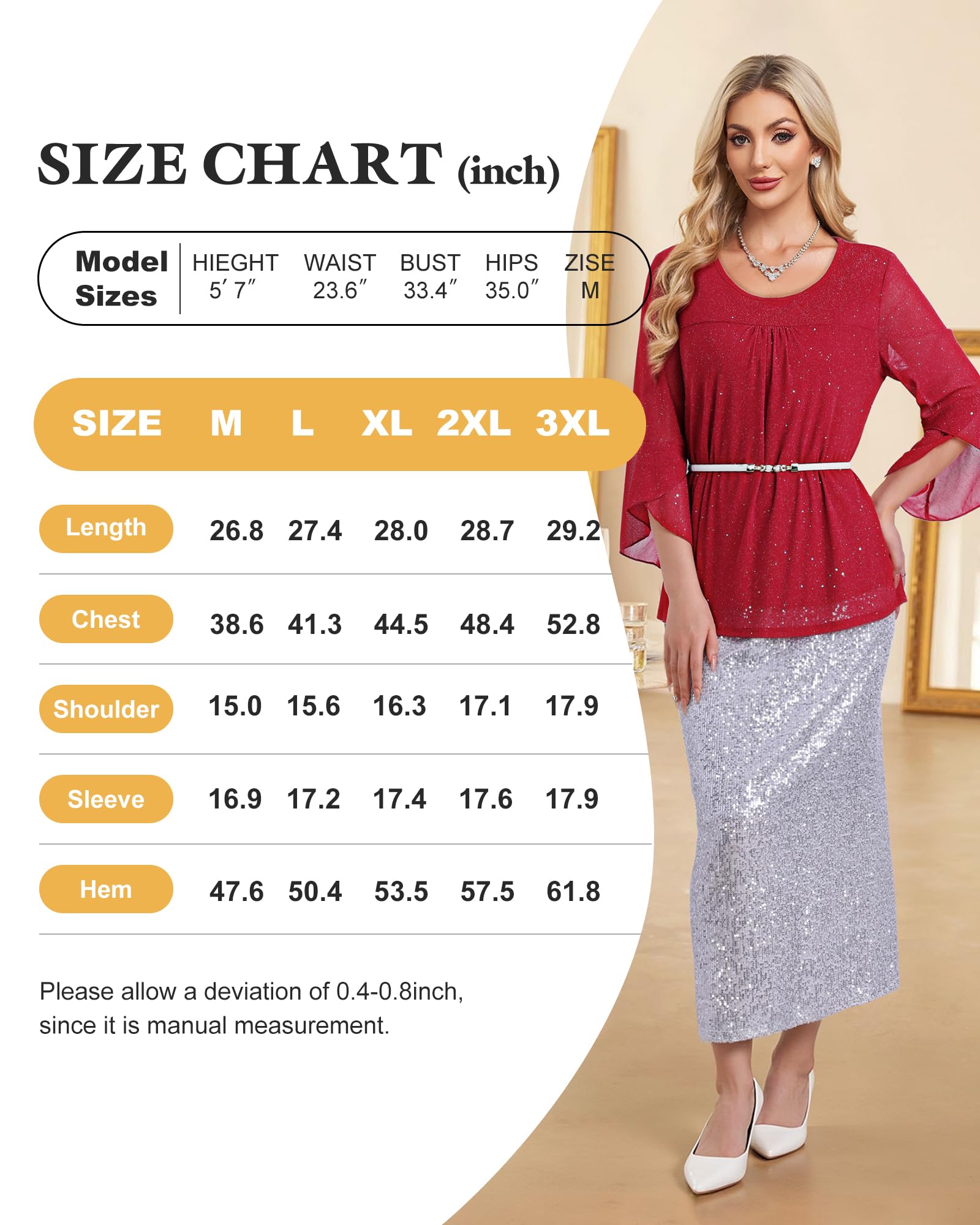 Bebonnie Women's Elegant Ruffle 3/4 Sleeve Crew Neck Blouse - Double Layer Mesh Tunic Top for Office, Party & Special Occasions