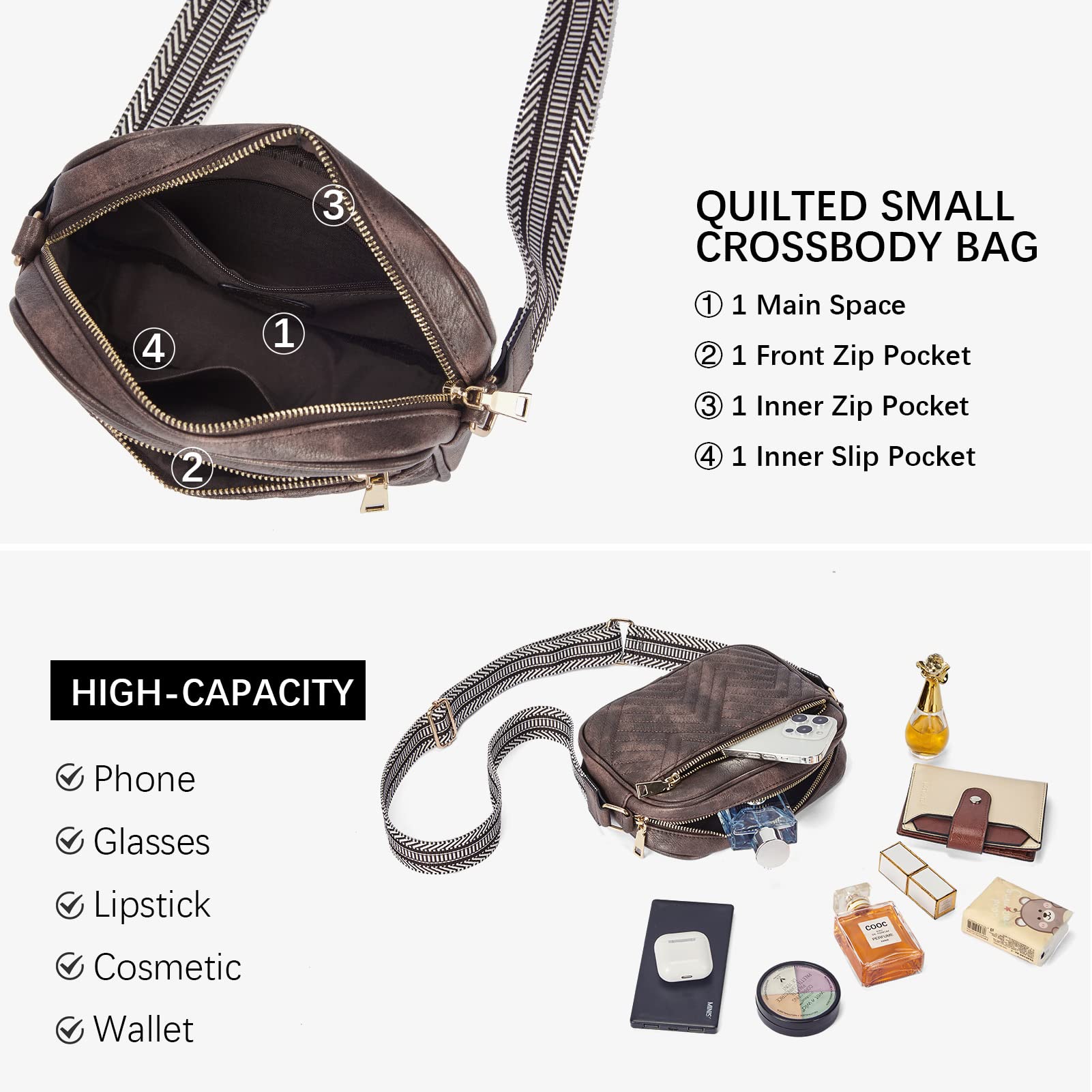 BOSTANTEN Vegan Leather Quilted Crossbody Bag for Women - Small Shoulder Purse with Wide Adjustable Strap - Perfect for Work, Travel & Everyday Use