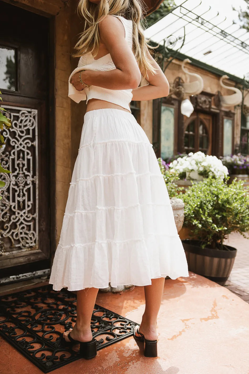 Minerva Tiered Midi Skirt in White | Flowy Summer Skirt for Women | Perfect for Beach Vacations, Date Nights & Casual Outings