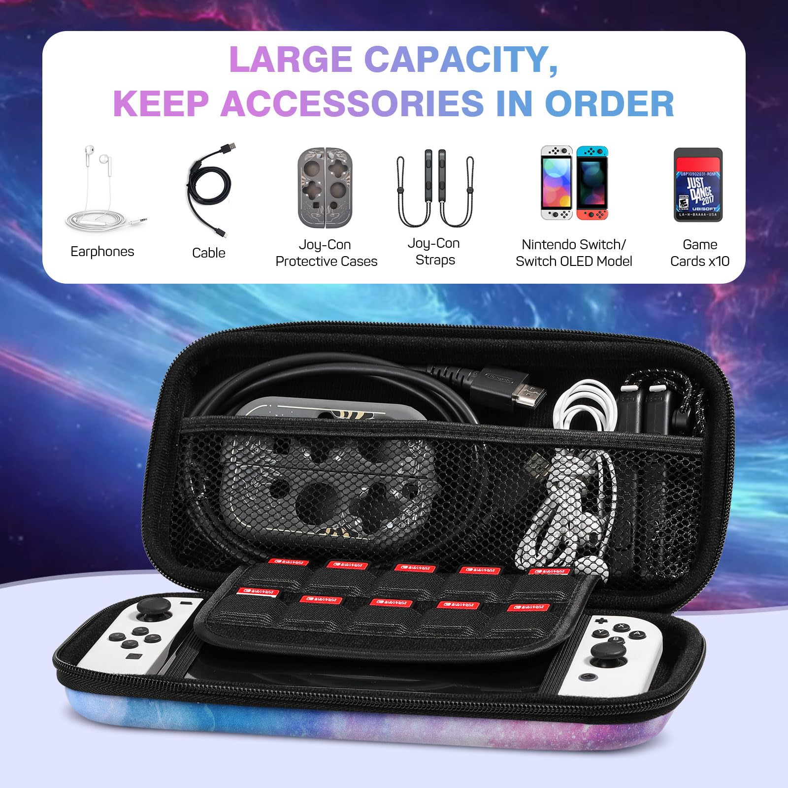 Moko Hard Shell Travel Carrying Case Compatible with Nintendo Switch OLED & Nintendo Switch - Portable Protective Storage Bag for Switch Accessories (Blue Pink) - Perfect for Travel, Commuting, and Gaming On-The-Go