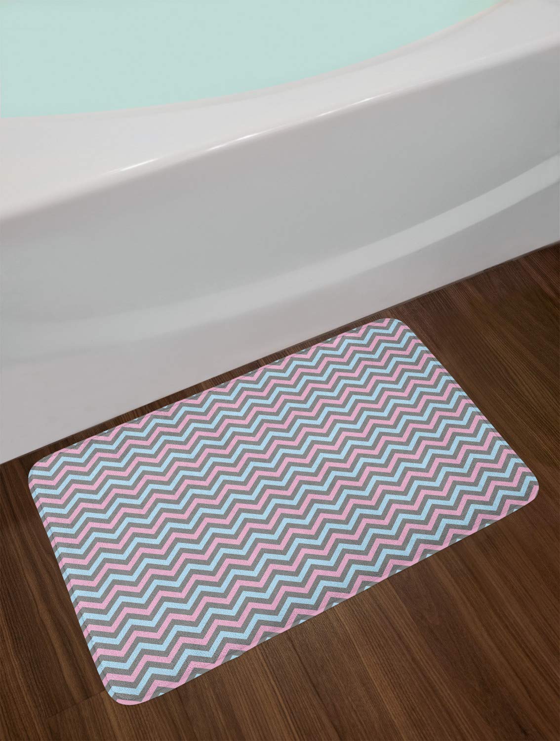 Ambesonne Non-Slip Chevron Bath Mat - Soft Plush Geometric Herringbone Design in Azure Blue & Pale Pink, 30