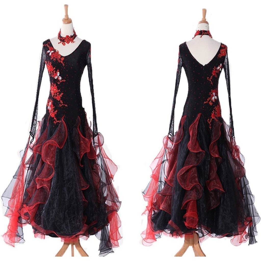 Elegant Women's Modern Waltz Tango Smooth Ballroom Dance Dress - Standard Competition Dress (Size 2XL) in Black - Perfect for Ballroom Dancing, Latin Dance & Professional Performances