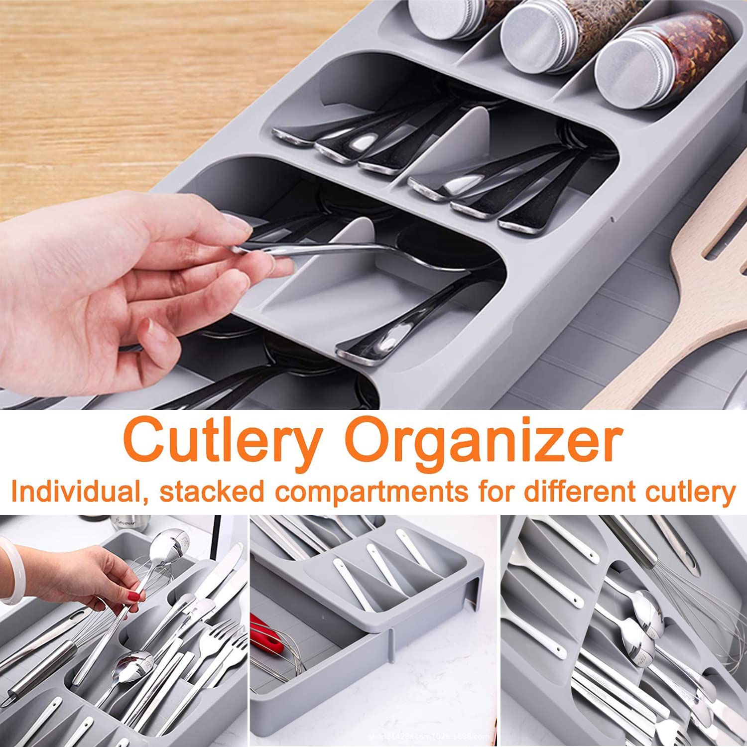 Expandable Kitchen Drawer Organizer Tray - Silverware Storage Organizer for Spoons, Forks & Flatware | Space-Saving Cutlery Drawer Insert | Perfect for Kitchen Organization & Utensil Storage (Grey) | Ideal for Home, Restaurant & Office Use