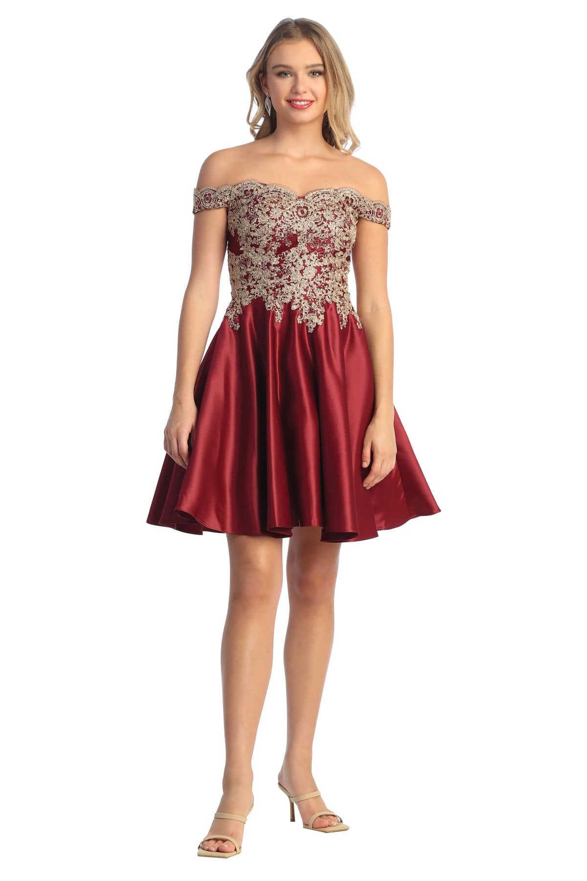 Cindy Collection 1648 Women's Off Shoulder Lace & Satin Short Party Dress - Perfect for Cocktail Parties, Date Nights & Special Occasions