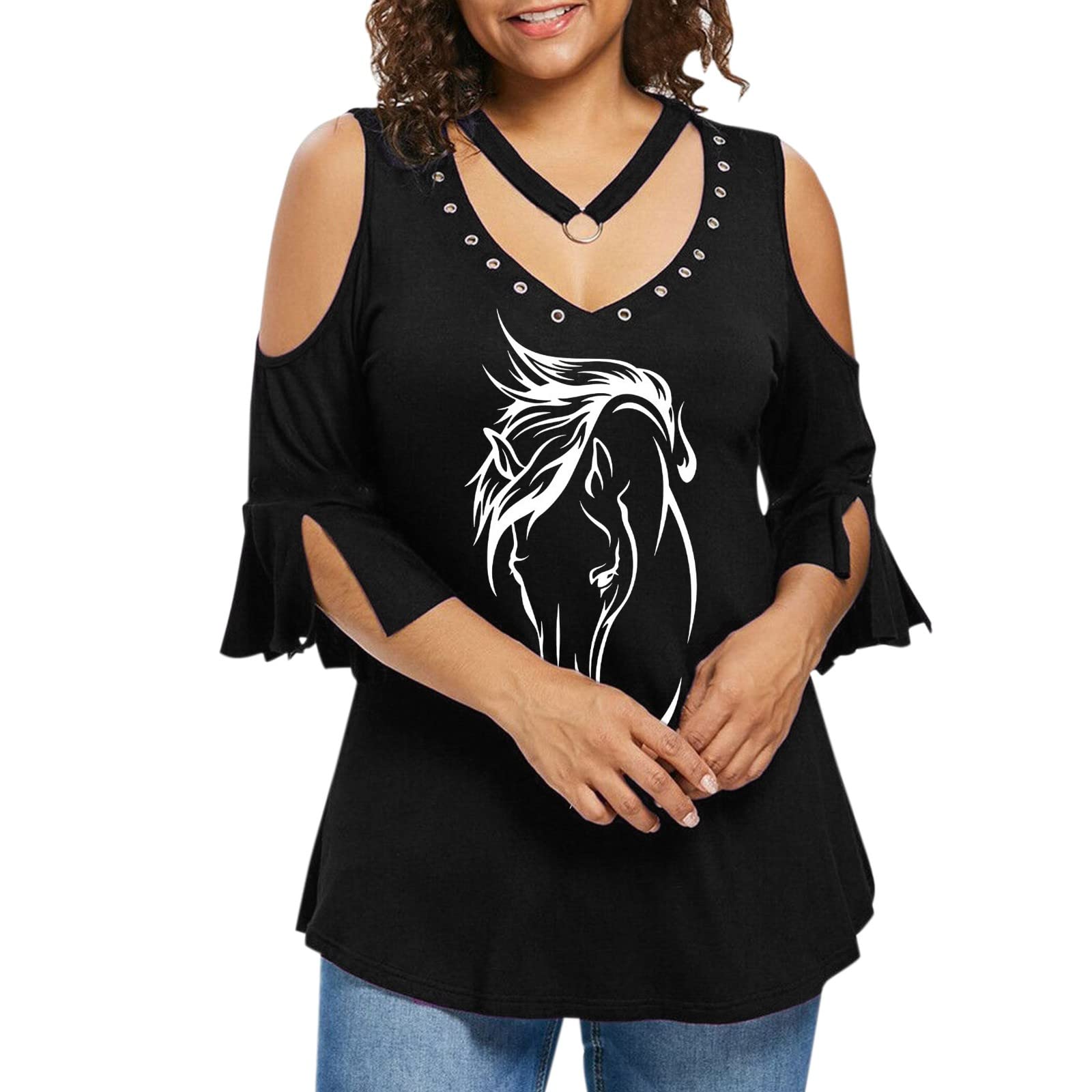 Women's V-Neck Half Sleeve Lace Sleeve Fashion Top - Horse Print Cotton Spandex T-Shirt for Casual Wear, Office & Date Night Outfits