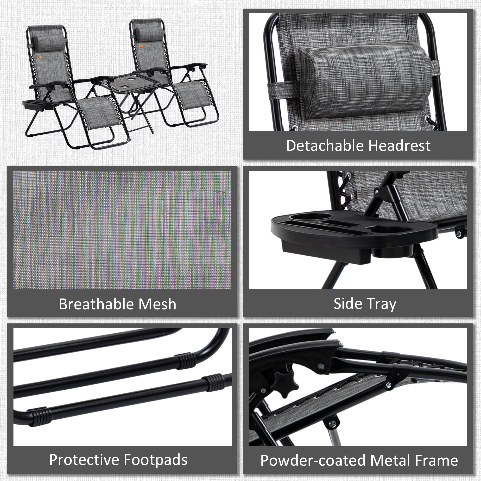 Outsunny Zero Gravity Chair Set with Side Table - Folding Reclining Lounge Chair with Cup Holders & Pillows - Adjustable Patio Chair for Pool, Backyard, Lawn, Beach - Perfect for Relaxing, Sunbathing & Outdoor Lounging (Gray)