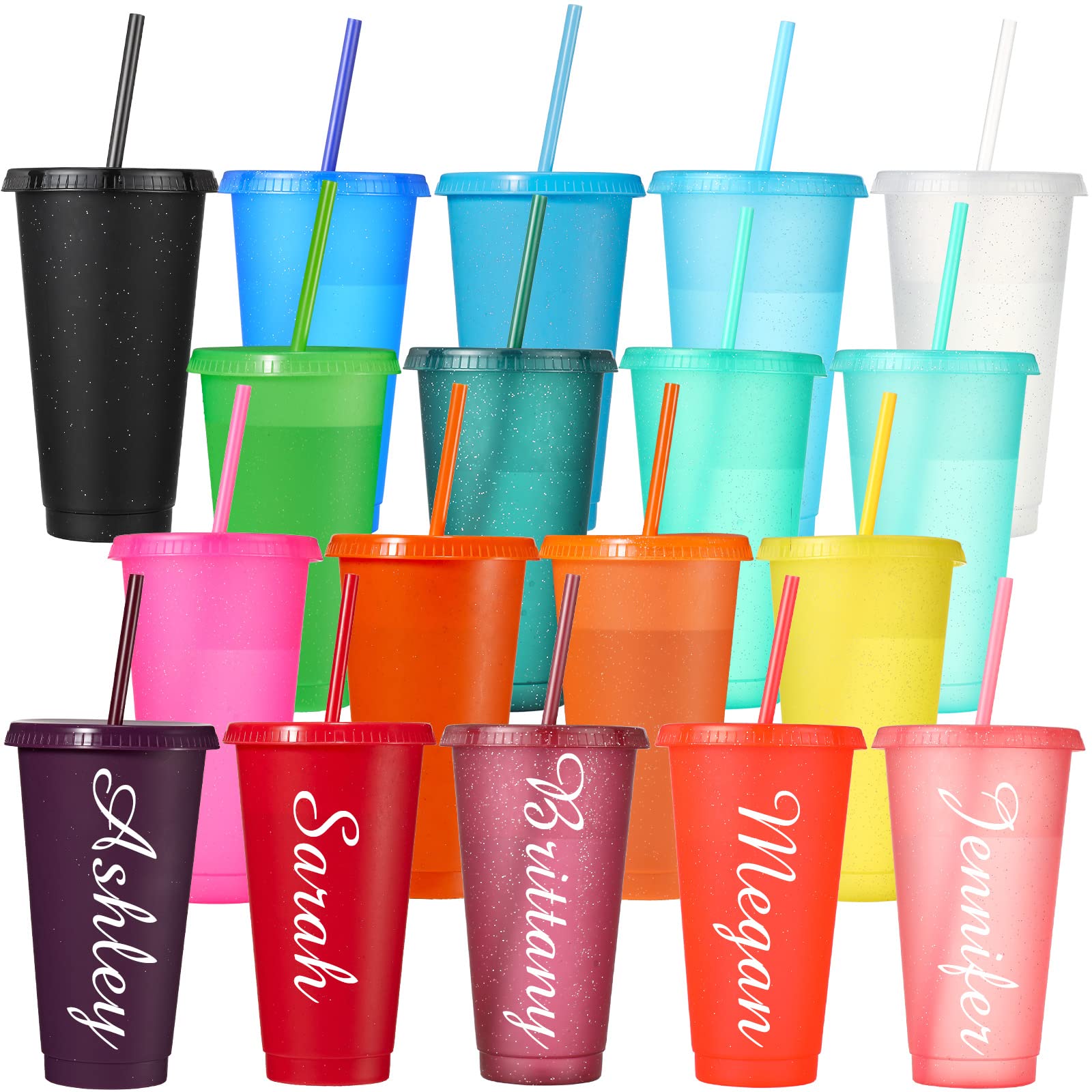 18-Pack 24oz Reusable Plastic Tumbler Cups with Lids & Straws - Glitter Vivid Color Travel Mugs for Iced Coffee, Water & Beverages - Perfect for Office, Gym, Beach & Outdoor Activities