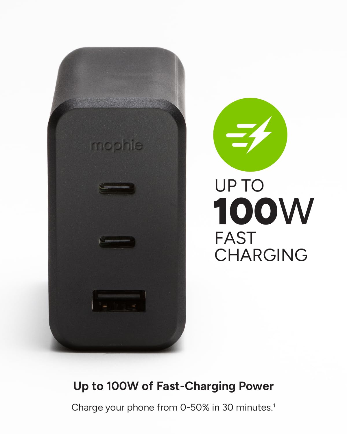 mophie GaN 100W USB C Charger Block - 3-Port Fast Wall Charger for MacBook Pro/Air, iPad Pro, iPhone 15/14/13, Samsung Galaxy S23/S22, Google Pixel 8/7 - Includes 5ft USB-C Cable, Dual USB-C PD & USB-A Ports - Compact Travel Charger for Home, Office & Car (Black)
