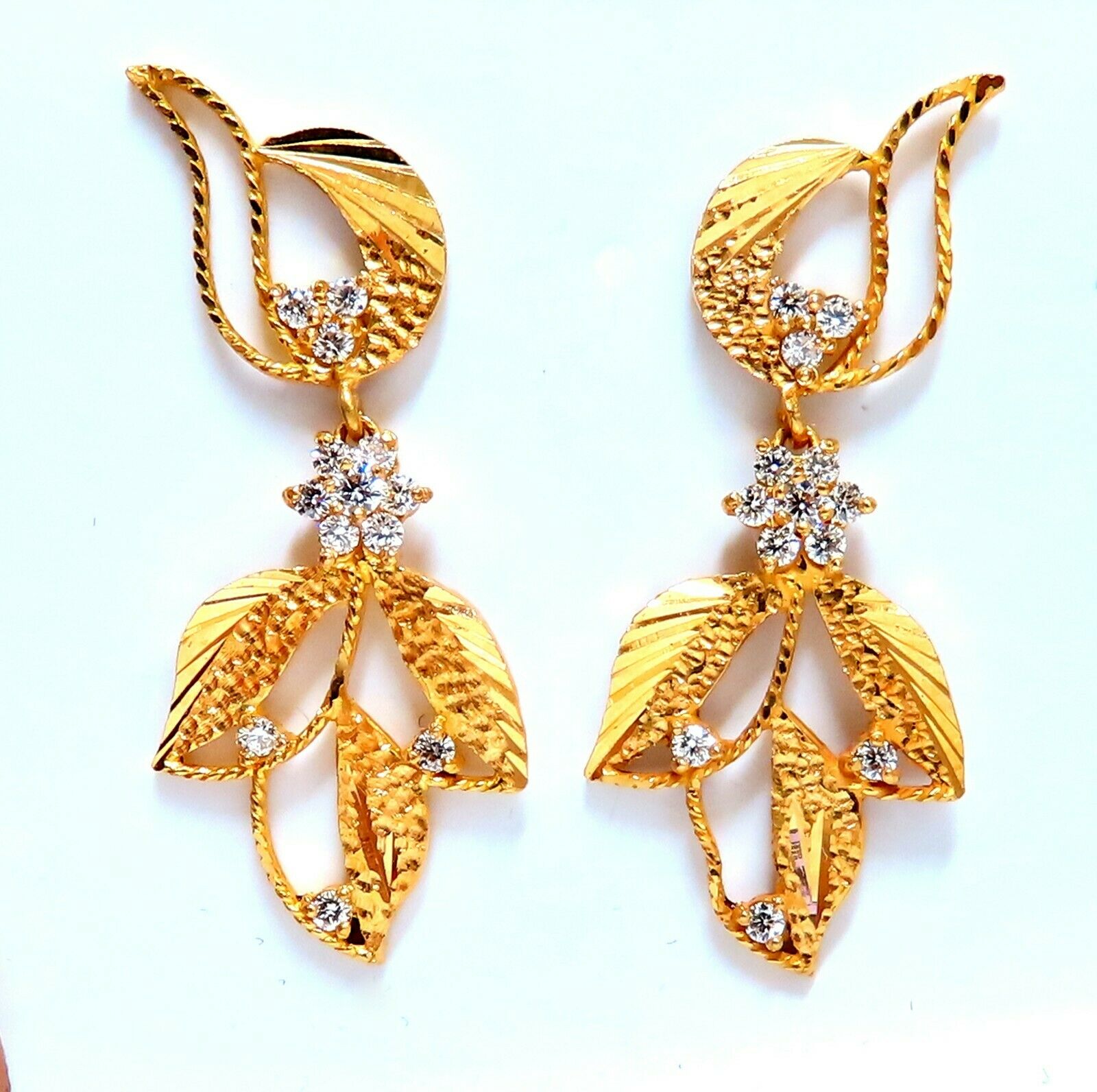 22kt Gold Diamond Dangle Floral Patina Earrings for Women - Vintage Style Handmade Jewelry - Perfect for Weddings, Parties & Special Occasions