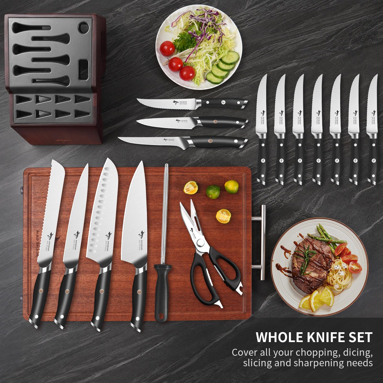 **MAD SHARK 17-Piece Professional Kitchen Knife Set with Block – High Carbon Stainless Steel Ultra Sharp Chef Knives for Home Cooking, Perfect Gift Box | Ideal for Slicing, Dicing, and Food Prep**