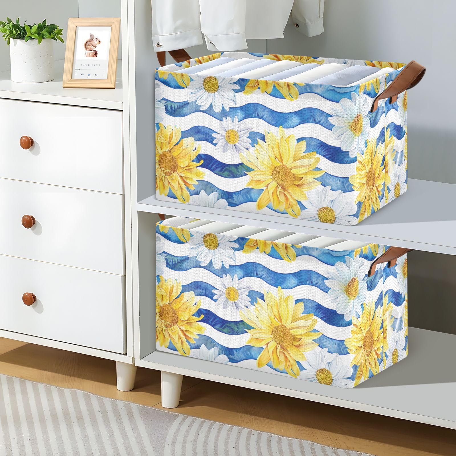 Foldable Storage Bins with Handles - 2 Pack Yellow & White Daisy Flower Pattern Shelves Cubes Baskets (16.9