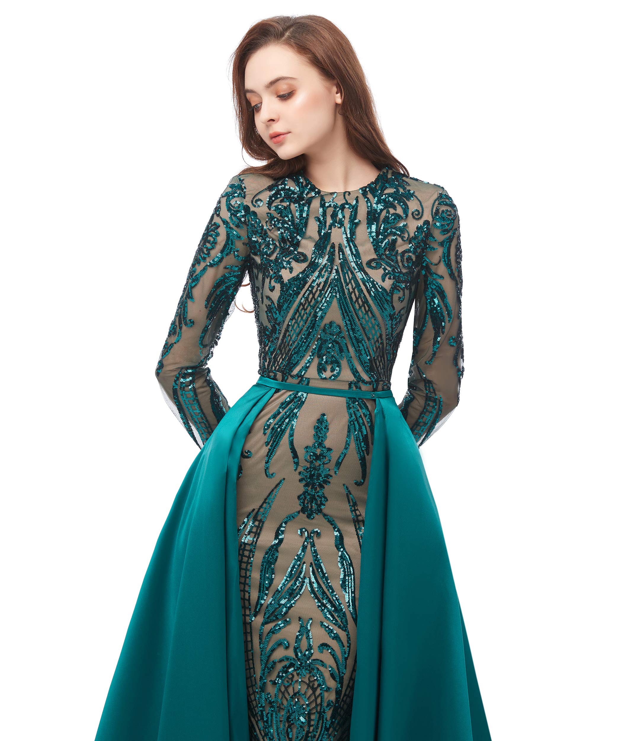 Elegant Long Sleeve Sequin Prom Dress with Detachable Skirt - Sparkly Mermaid Pageant Gown for Evening Gala, Homecoming, Wedding & Formal Events