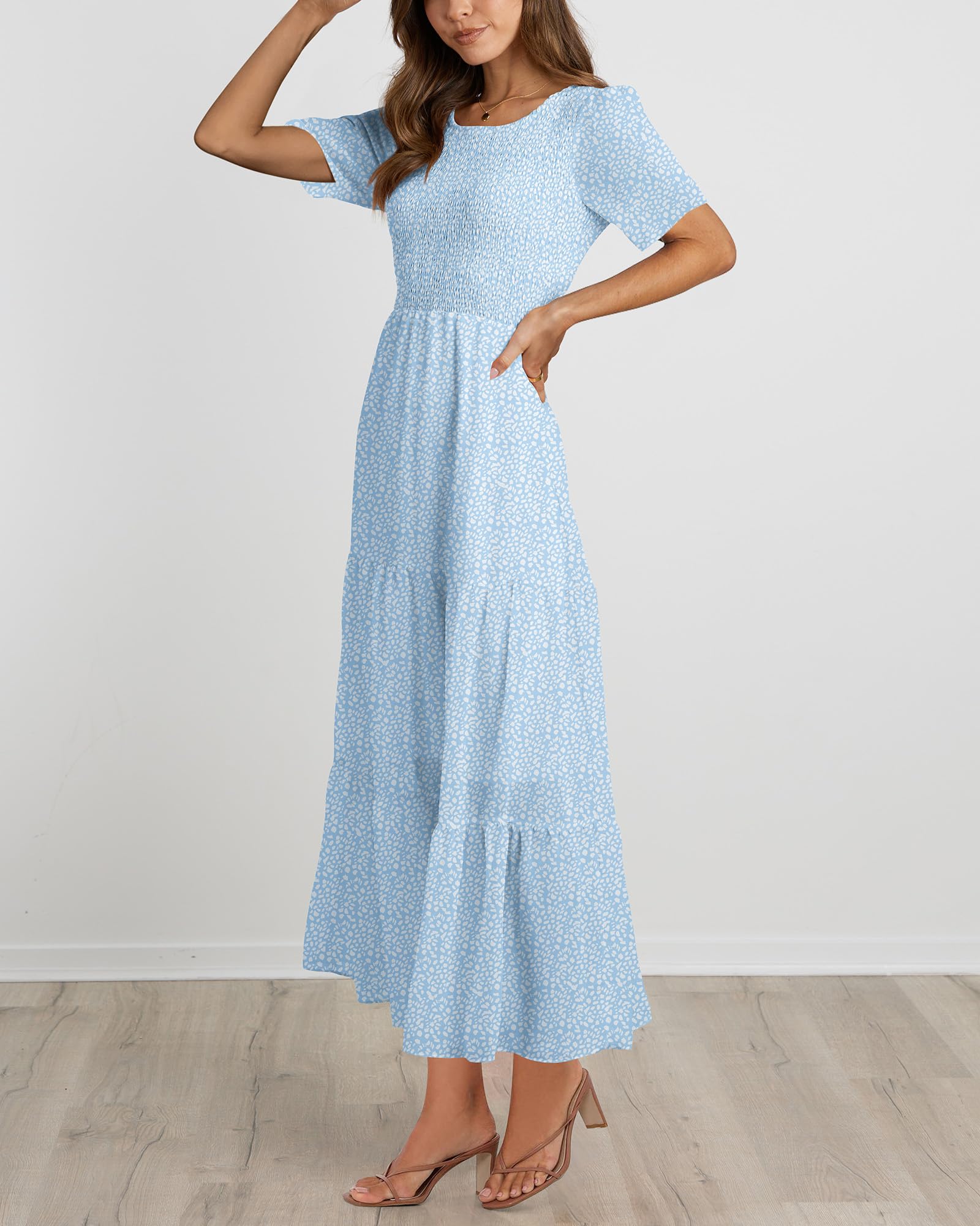 BTFBM Women's Bohemian Floral Print Short Sleeve Maxi Dress - Casual Summer Tiered Cocktail Dress with Crew Neck & Flowy Design | Perfect for Beach Vacations, Music Festivals, and Date Nights