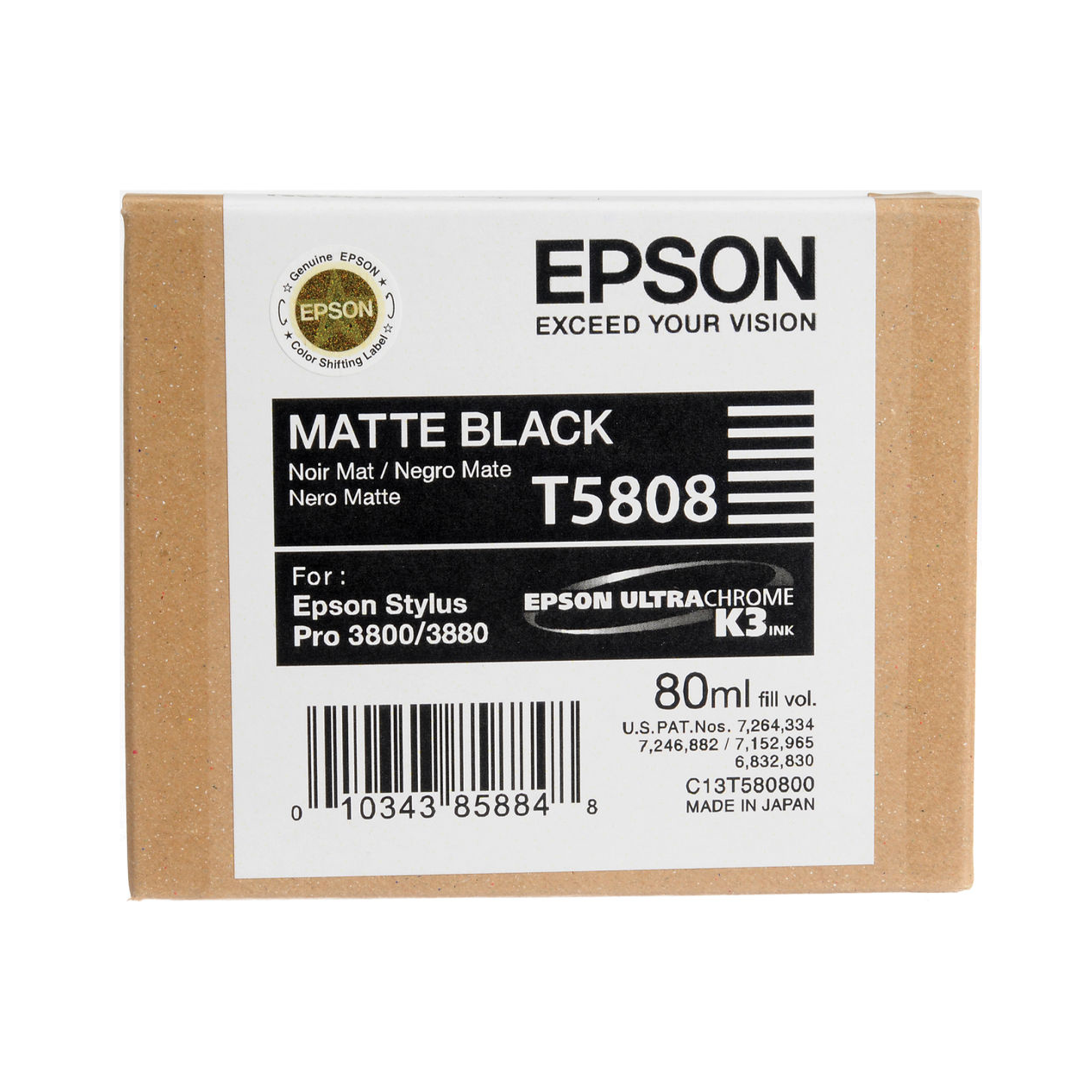 Epson T58080N UltraChrome K3 Matte Black Ink Cartridge 80mL - Compatible with Stylus Pro 3800 & 3880 Printers | High-Quality Photo Printing for Professional Artists & Photographers