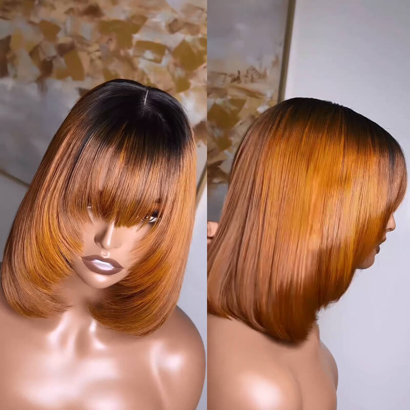 Eullair Short Bob Wig with Layered Cut Bangs - Glueless Straight Human Hair Lace Closure Wig (4x4 & 5x5) - Perfect for Cosplay, Daily Wear & Fashion Styling