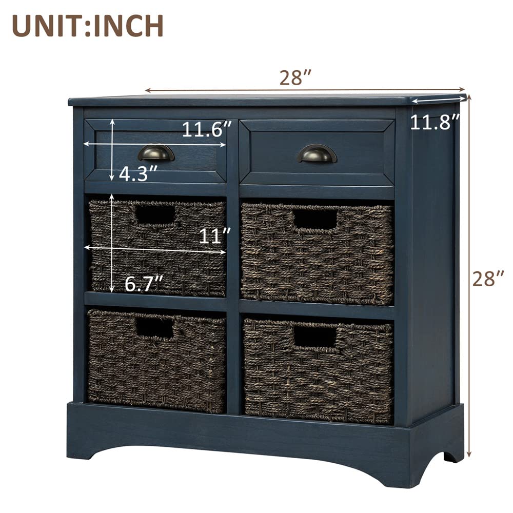 Rustic Farmhouse Storage Cabinet with 2 Drawers & 4 Rattan Baskets - Entryway Console Table, Living Room Sofa Table, Dining Room Sideboard - Antique Navy Finish | Perfect for Home Organization & Farmhouse Decor