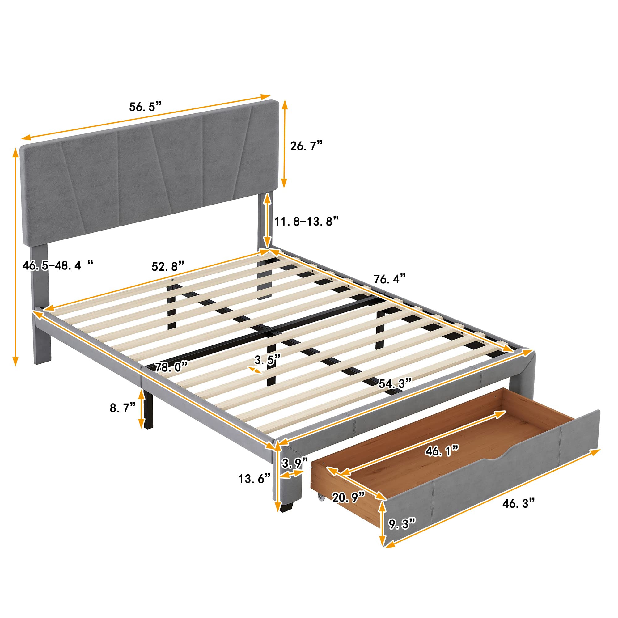 SOFTSEA Full Size Upholstered Platform Bed Frame with Adjustable Headboard & Storage Drawer - Tufted Modern Bedroom Furniture for Small Spaces & Guest Rooms