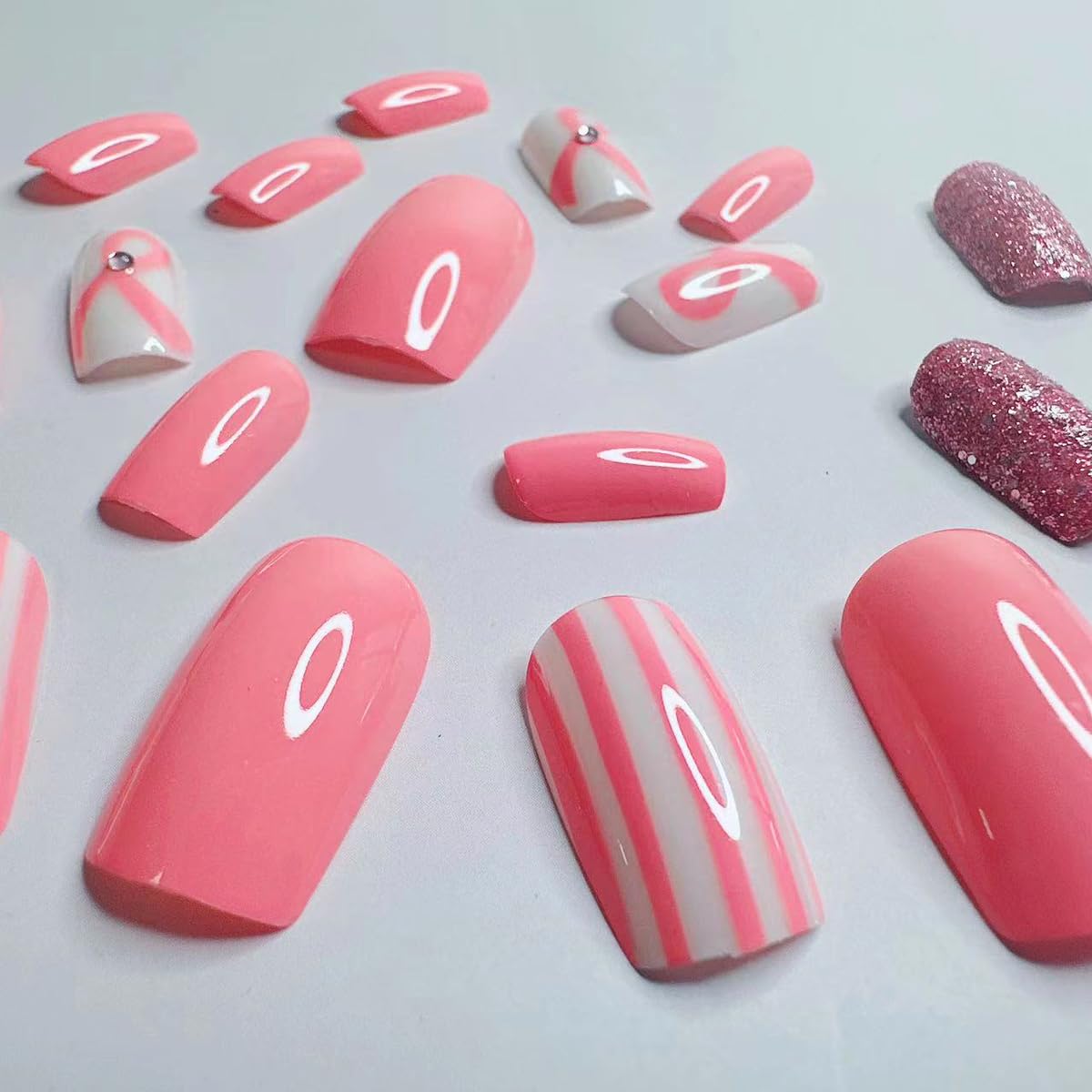 24Pcs Short Square Press on Fake Nails - Pink Rhinestone & Ribbon Designs for Breast Cancer Awareness - Glossy Acrylic Artificial Nails for Women & Girls - Perfect for Fundraisers, Parties & Everyday Wear