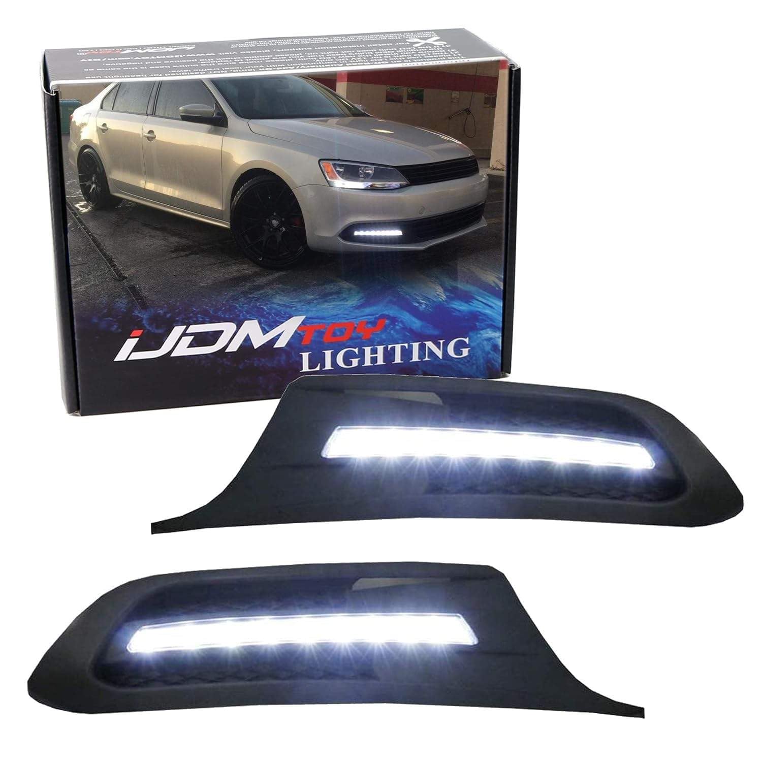 iJDMTOY Xenon White LED Daytime Running Lights - Compatible with 2011-2014 Volkswagen MK6 Jetta, OEM Fit DRL Bezel with 9 High-Power LEDs - Perfect for Enhanced Visibility & Style in Daytime Driving