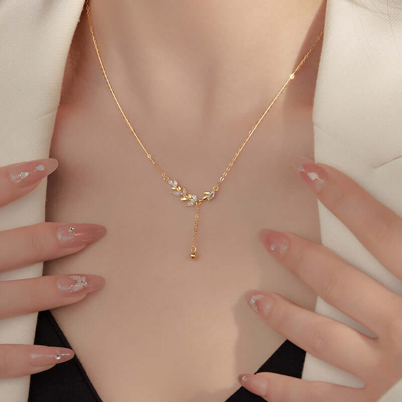 Marquise Olive Branch Leaf Y Necklace - Elegant Sterling Silver Pendant for Women | Perfect for Weddings, Anniversaries & Everyday Wear | R8236