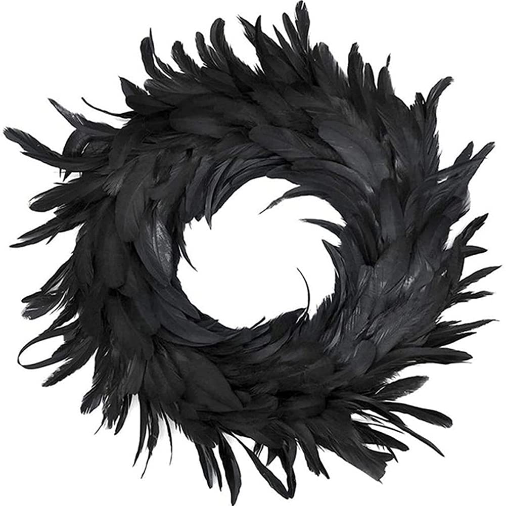 Black Feather Wreath for Christmas Front Door Decor - Elegant Goose Feather Wreath for Home, Indoor/Outdoor, Wedding & Party Decorations - Perfect for Holiday, Xmas, Winter Seasonal Decor