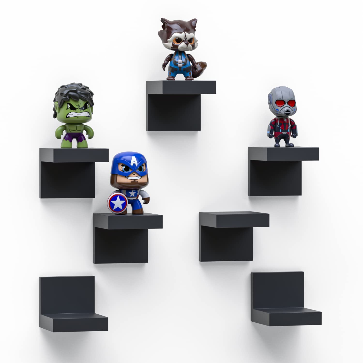 7-Pack Small Floating Shelves for Wall by RicherHouse - 4 Inch Black Plastic Display Ledges with 2 Installation Options (Adhesive/Screws) - Perfect for Bathroom, Kitchen, Bedroom & Office Decor