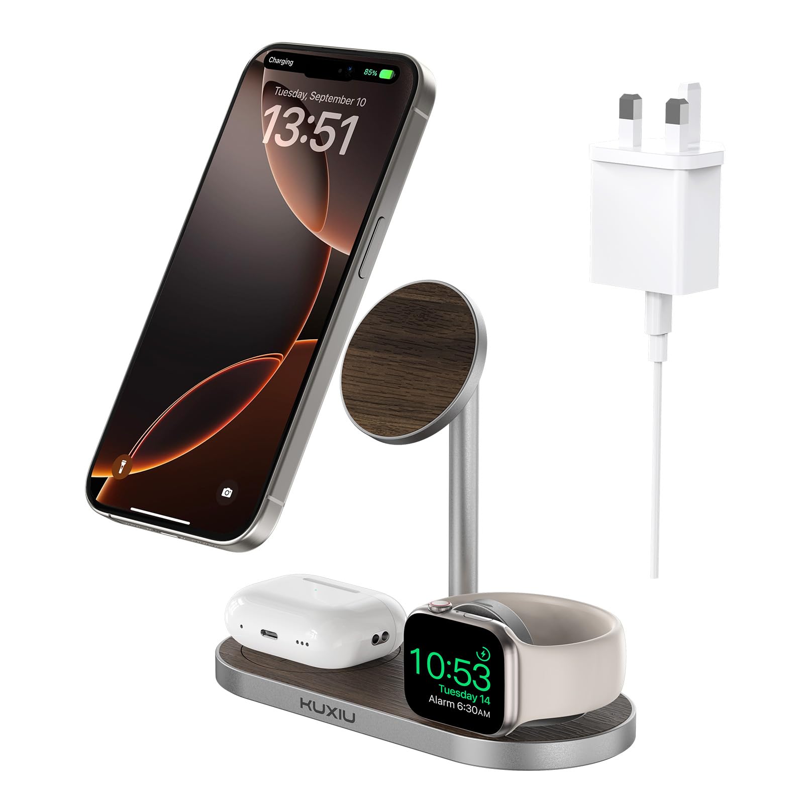 3-in-1 Magnetic Wireless Charging Station for iPhone 16/15/14/13/12 Series | Fast Charging Stand for Apple Watch S1-9/Ultra & AirPods | Aluminum Alloy MagSafe-Compatible Charger | Perfect for Home, Office & Nightstand Use