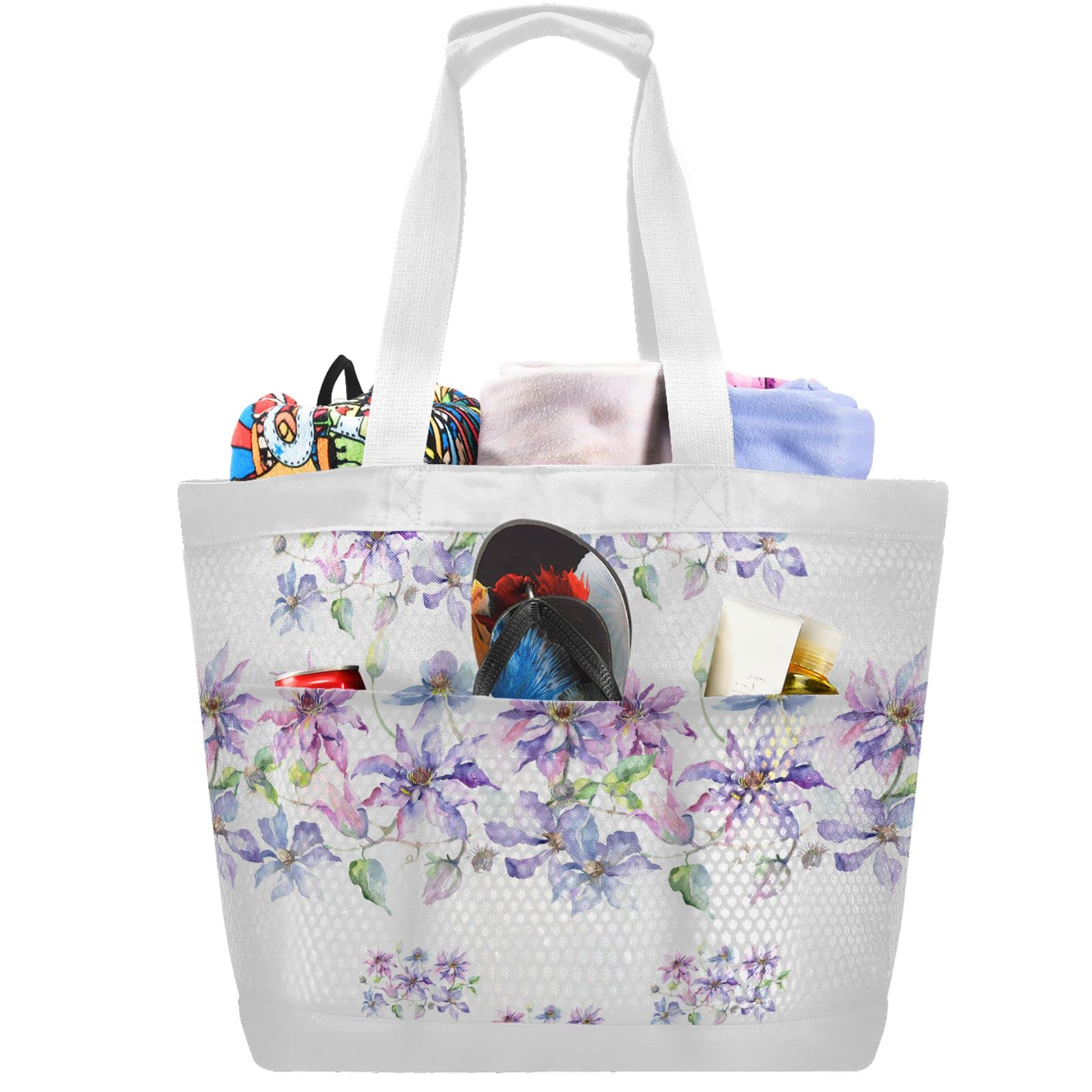 J JOYSAY Blue Violet Clematis Mesh Beach Tote Bag - Large Lightweight Women's Beach Bag for Yoga, Dance, Pool & Seaside | Perfect for Summer Travel, Gym & Shopping