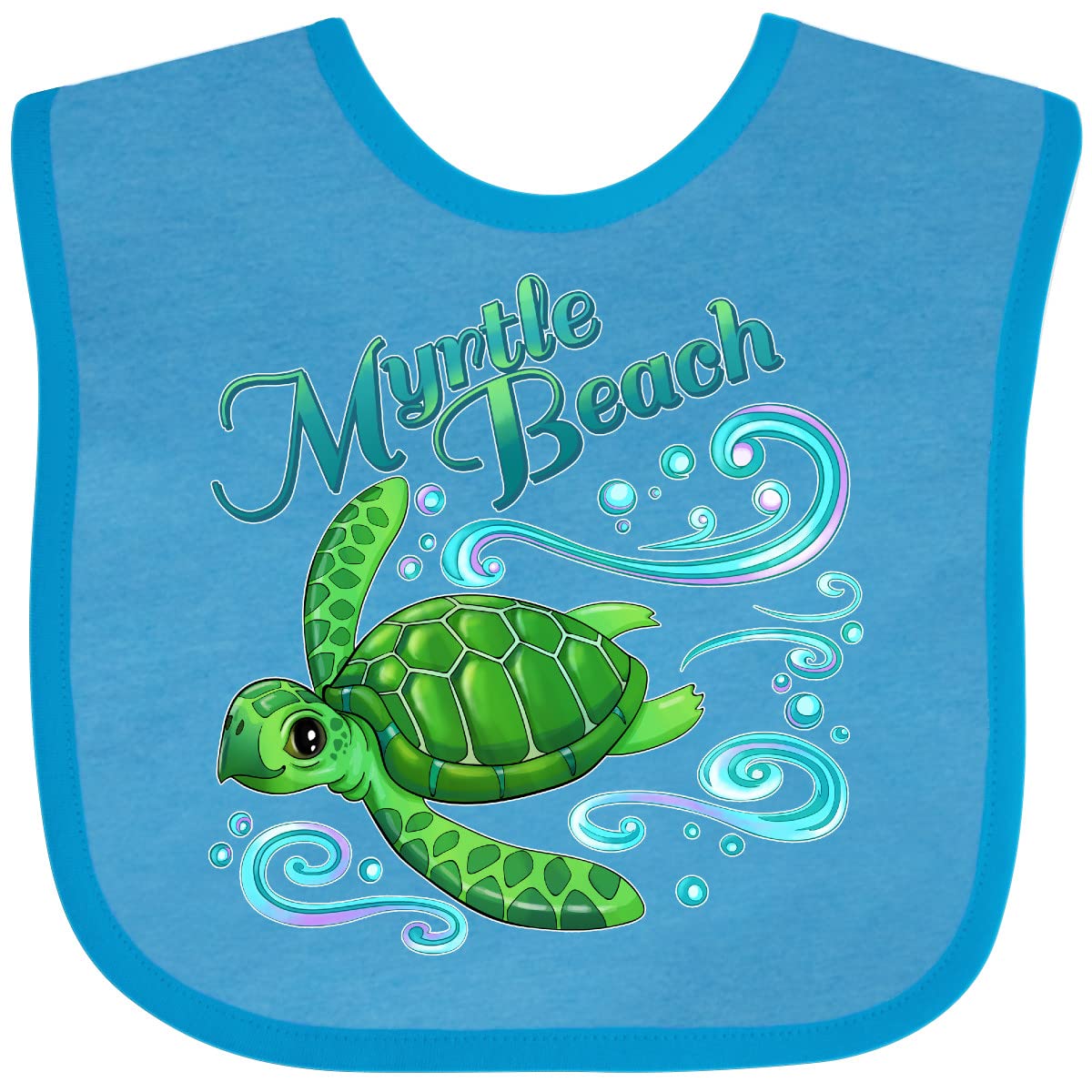 Inktastic Myrtle Beach Cute Sea Turtle with Waves and Bubbles Baby Bib - Soft Cotton Drool Bib for Infants - Perfect for Beach Trips, Photo Shoots & Everyday Use